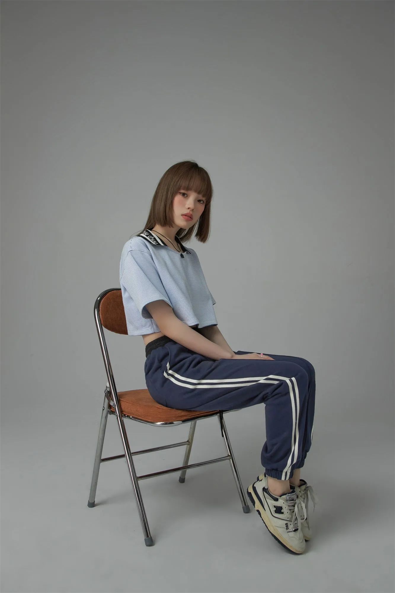 Chuu Lapel Striped Cropped T-Shirt