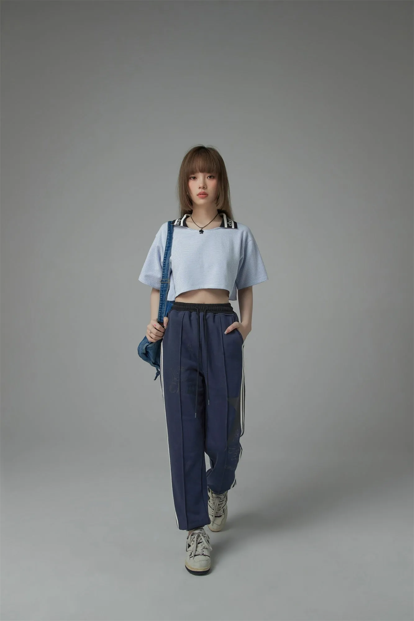 Chuu Lapel Striped Cropped T-Shirt