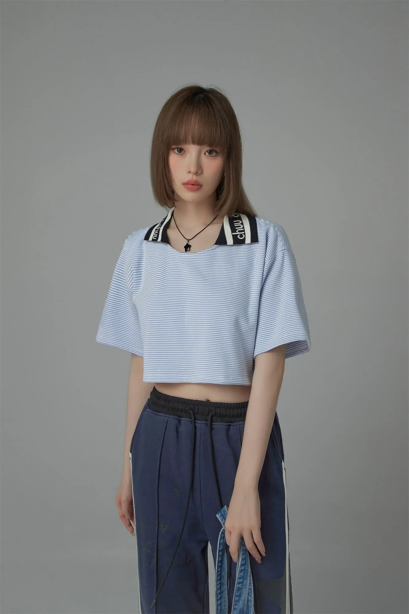 Chuu Lapel Striped Cropped T-Shirt