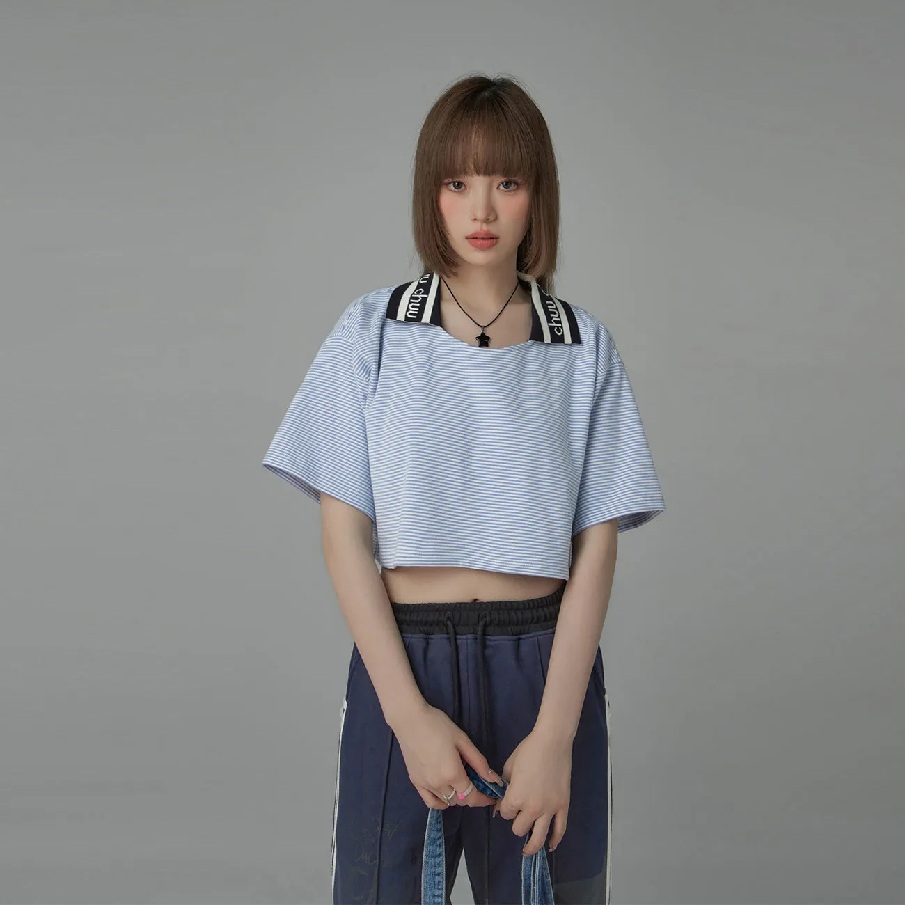 Chuu Lapel Striped Cropped T-Shirt