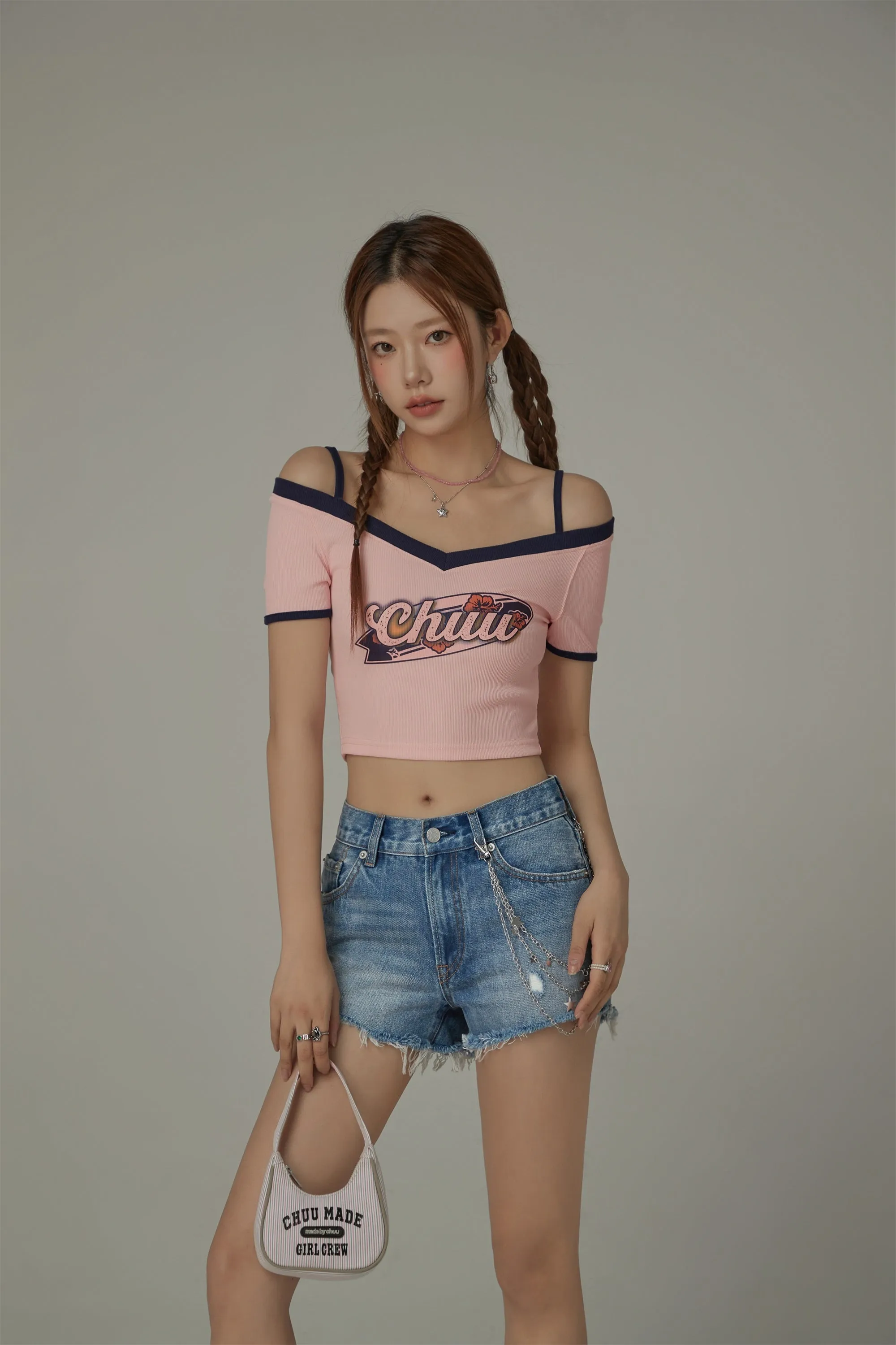 Chuu Lettering Off-The-Shoulder Crop T-Shirt