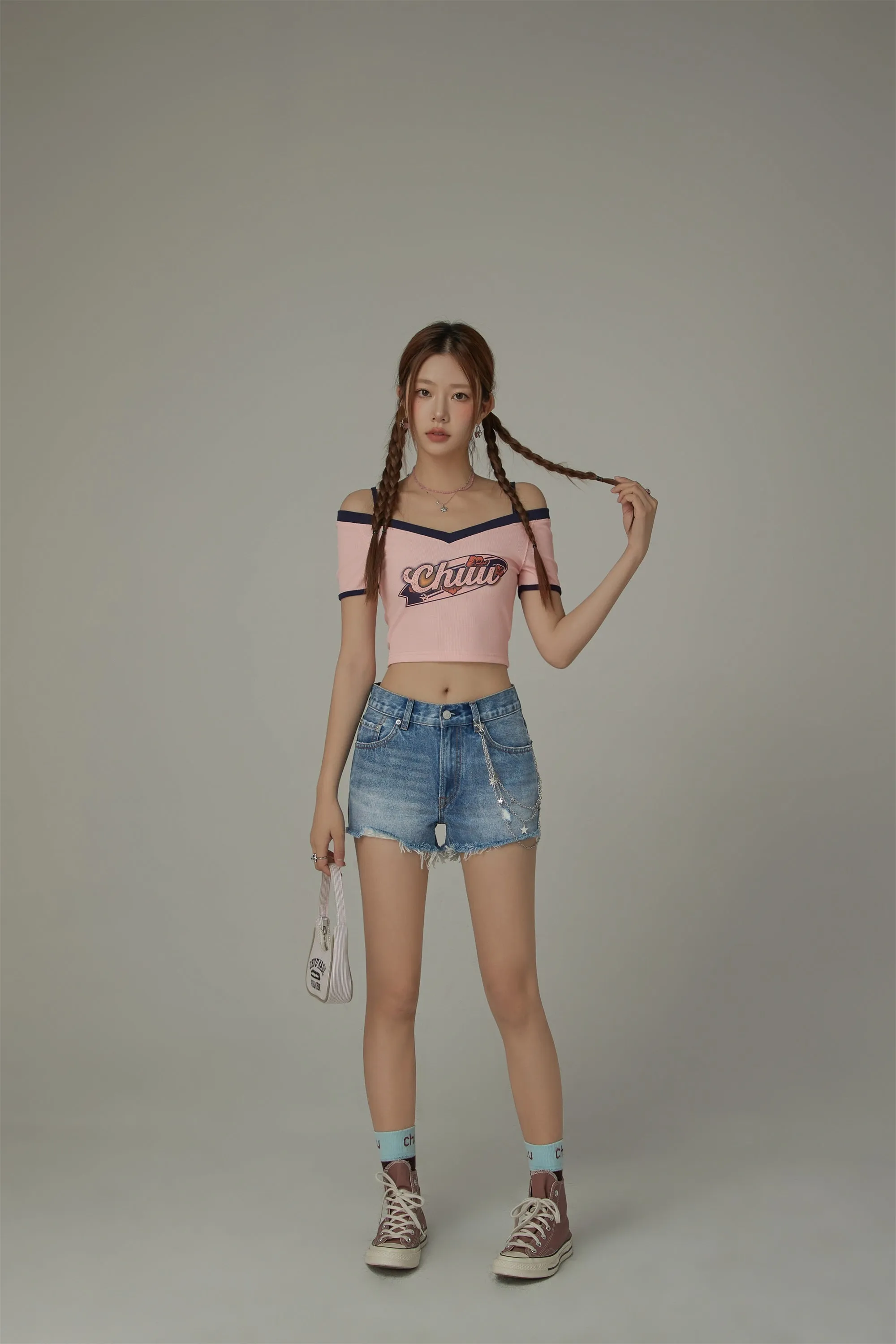 Chuu Lettering Off-The-Shoulder Crop T-Shirt