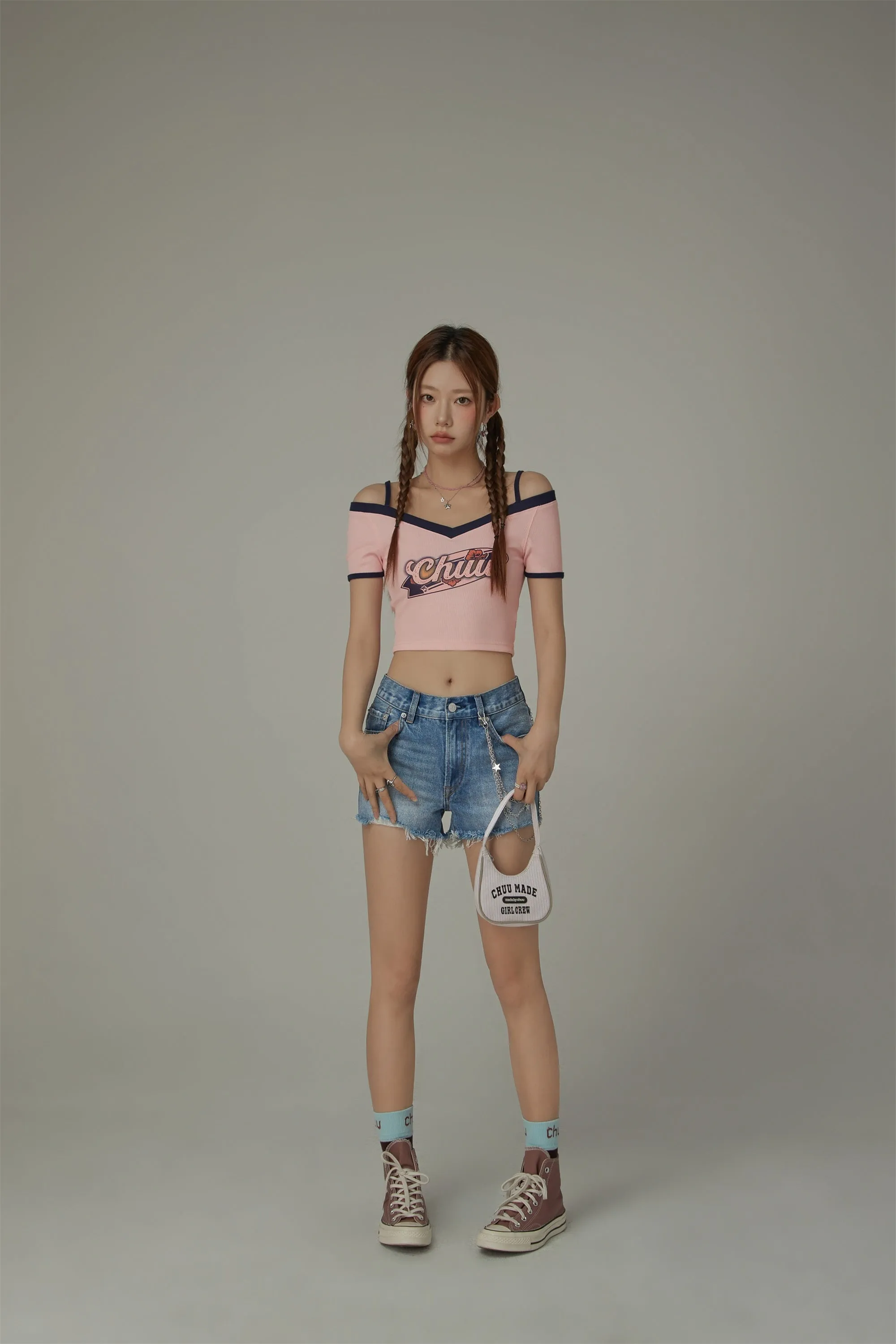 Chuu Lettering Off-The-Shoulder Crop T-Shirt