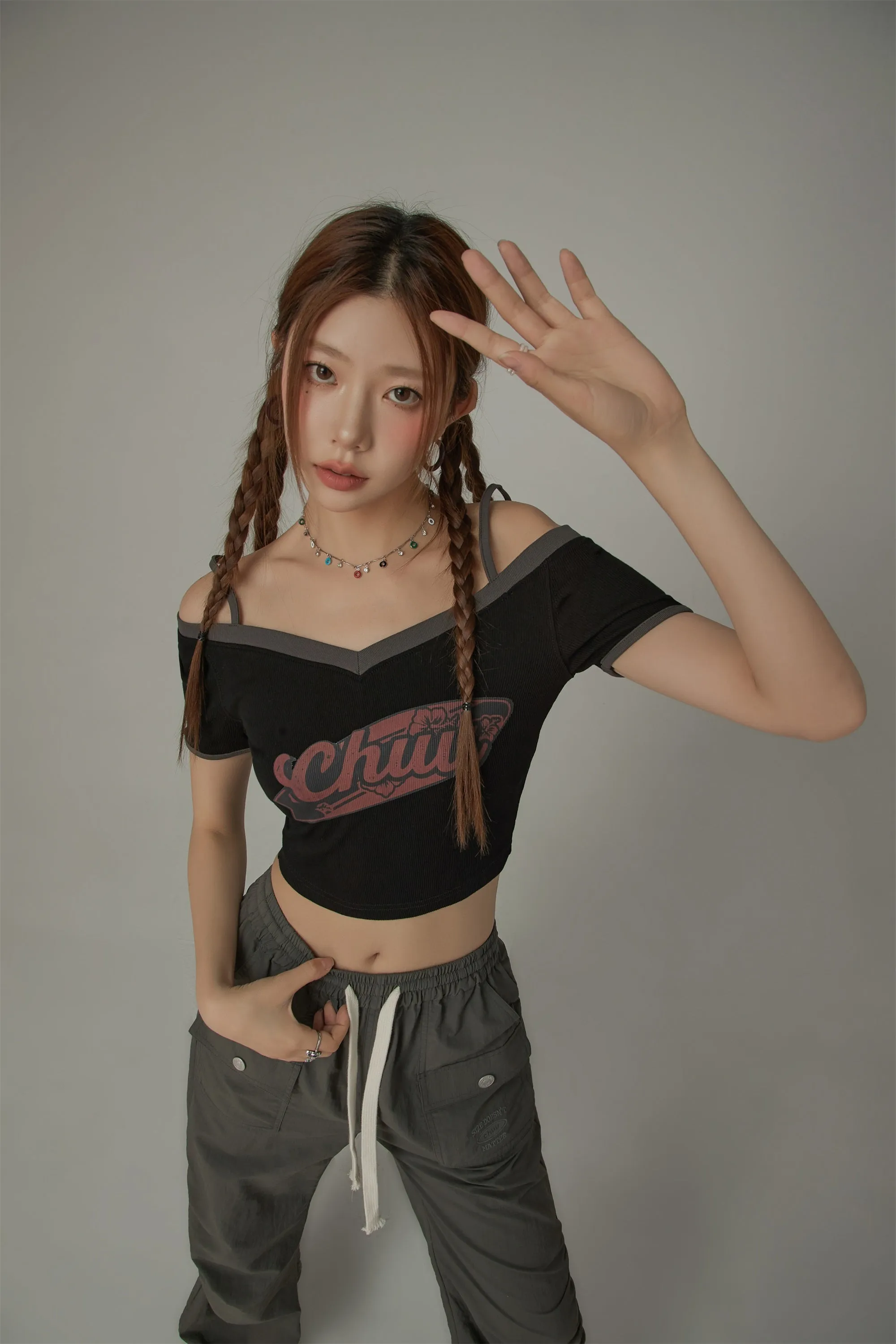 Chuu Lettering Off-The-Shoulder Crop T-Shirt