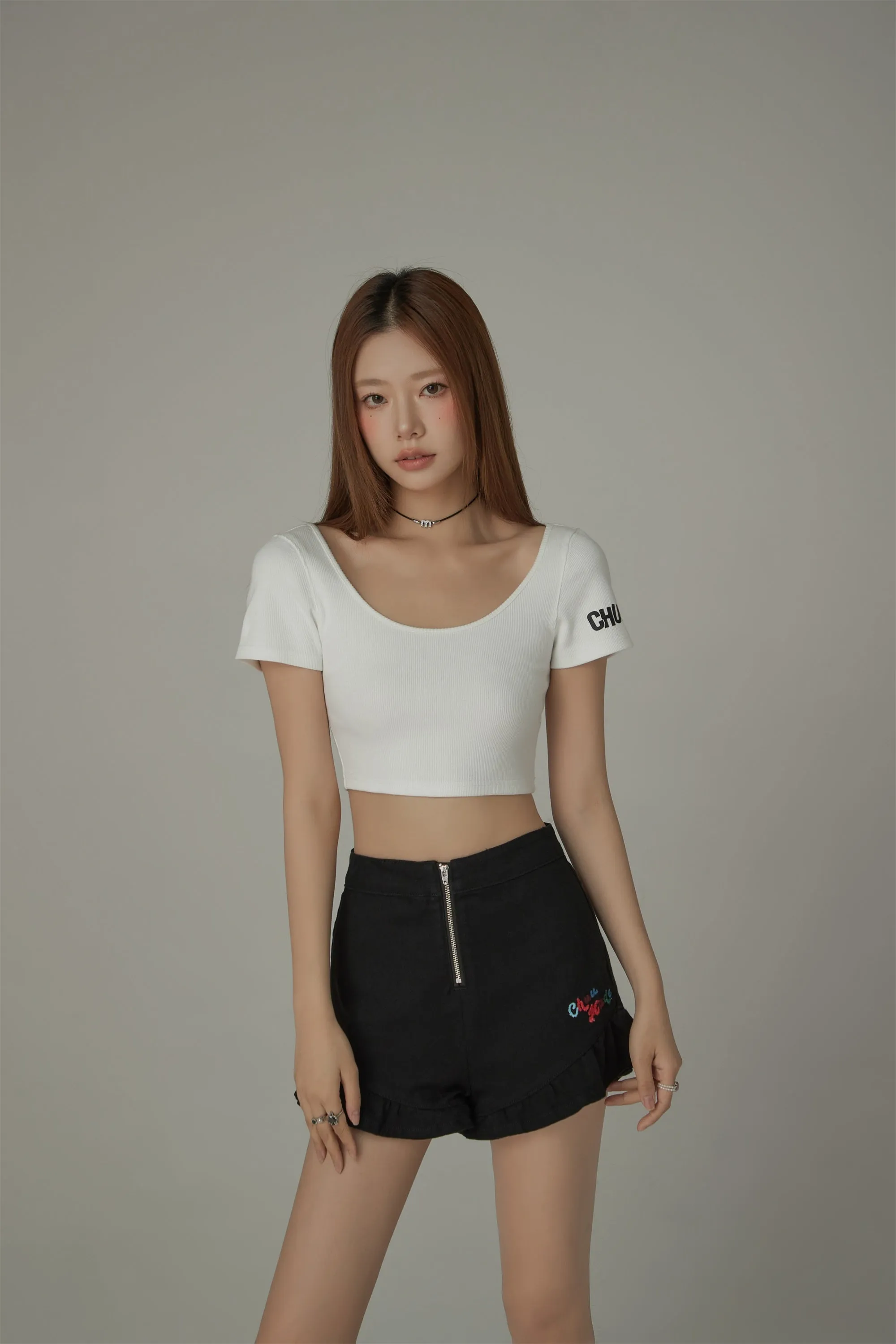 Chuu Sleeve Lettering Big U Neck Crop T-Shirt