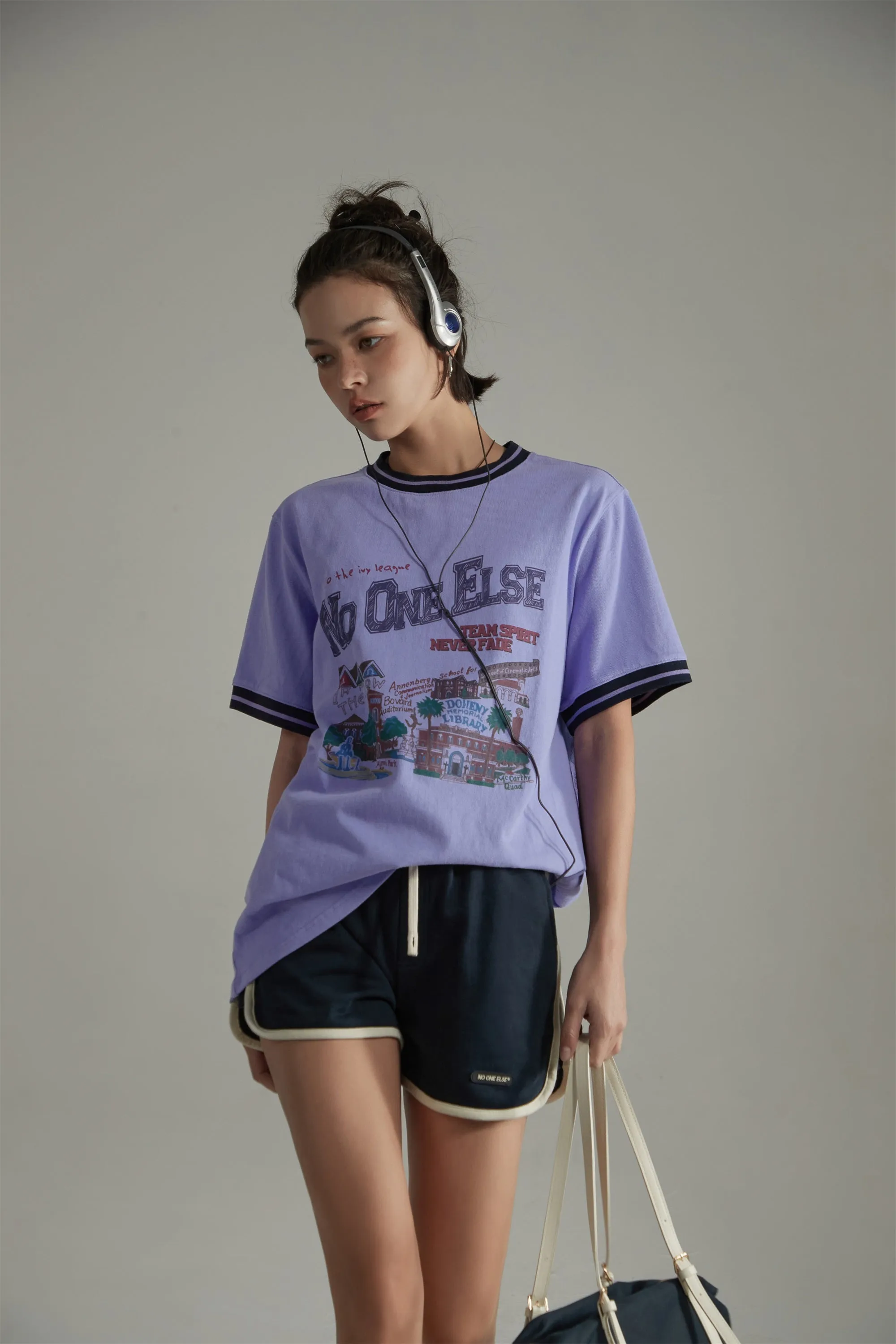 College Style Printed Colorblocked Line T-Shirt