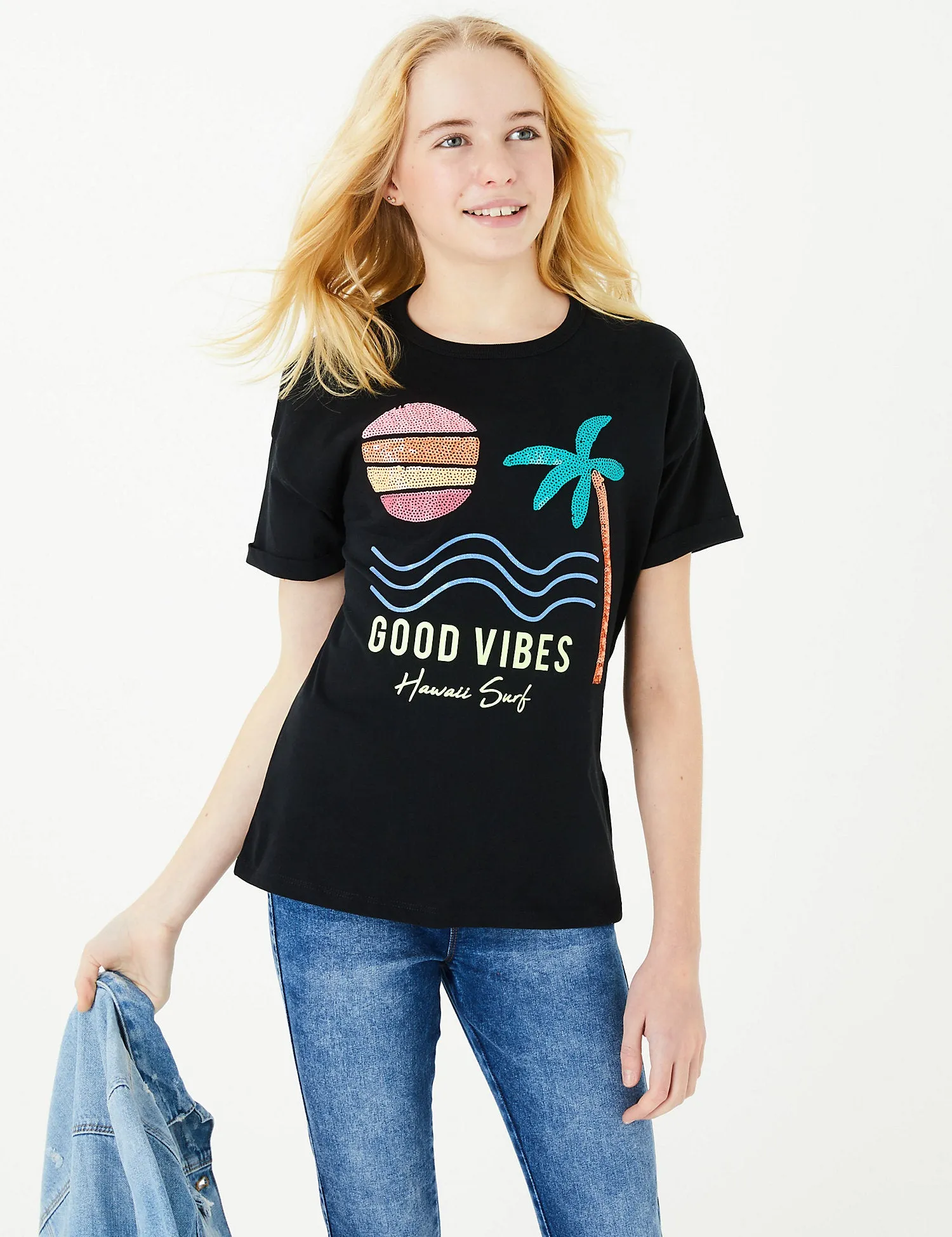 Cotton Good Vibes Slogan Sequin T-Shirt