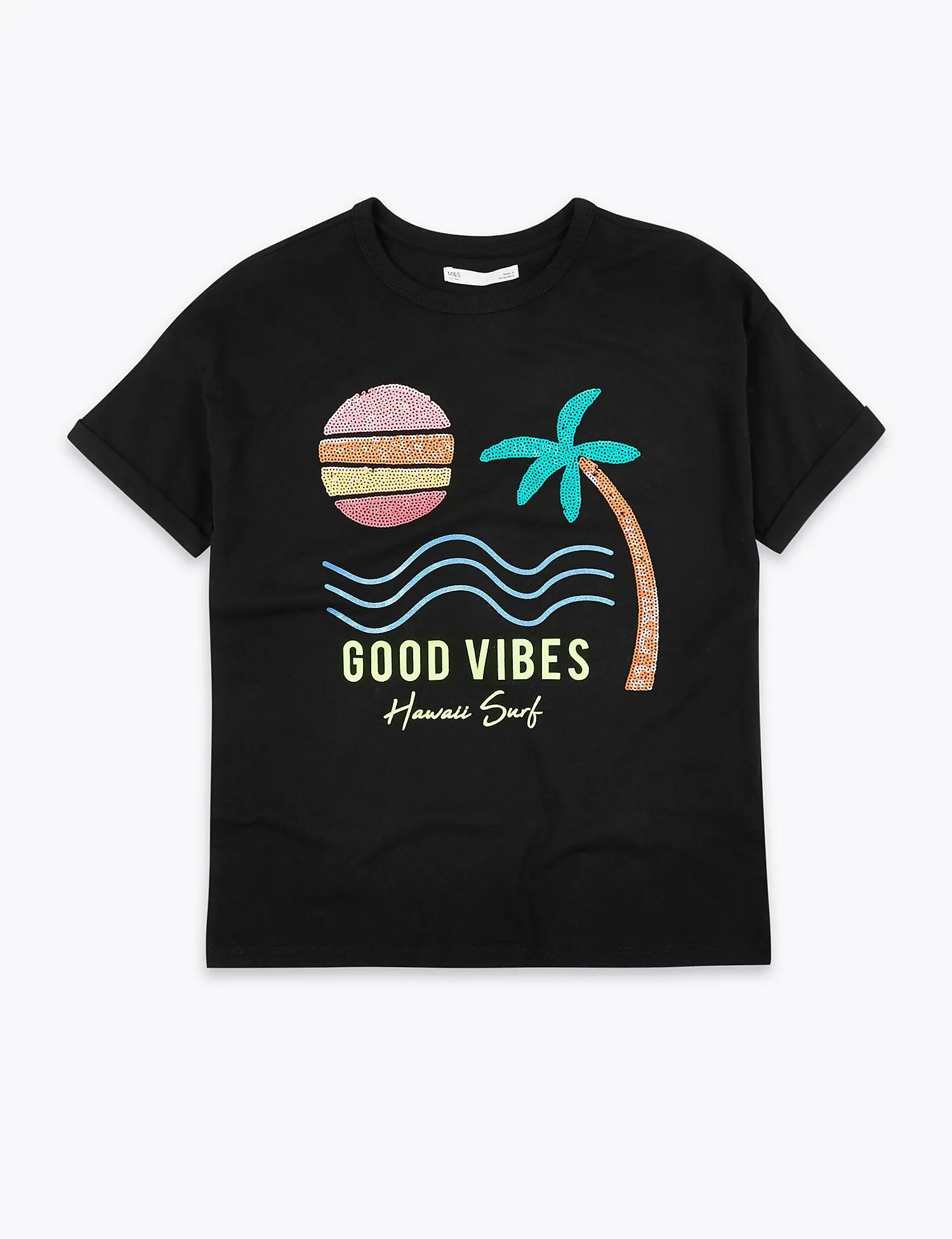 Cotton Good Vibes Slogan Sequin T-Shirt