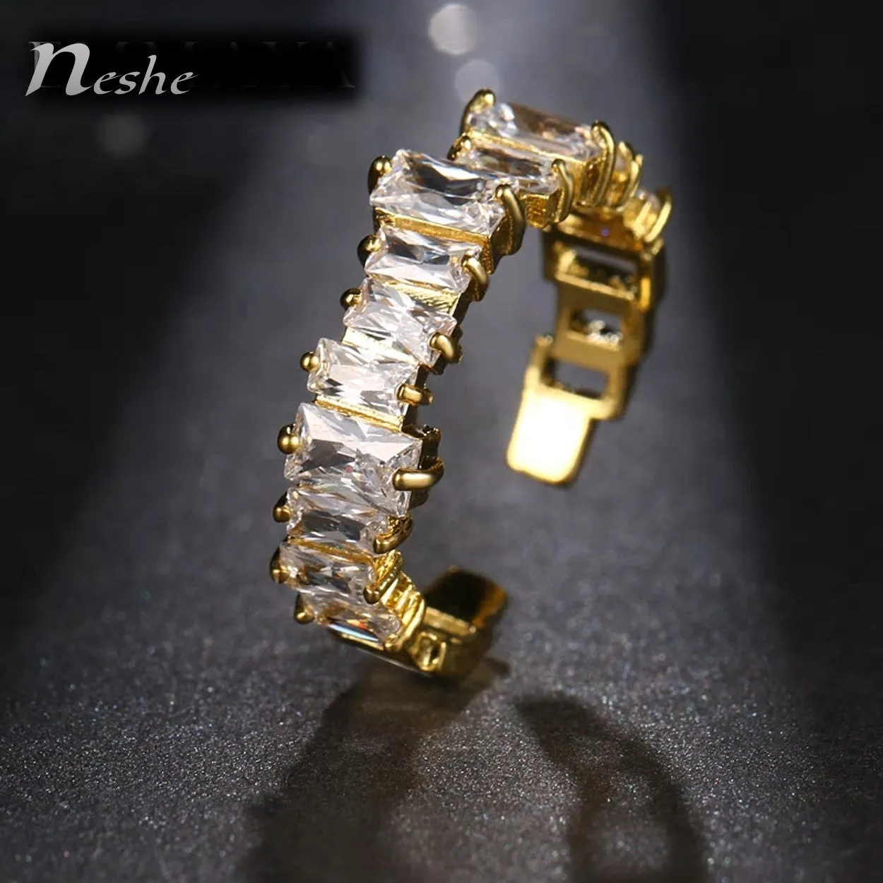 Cz Stone Pavement Abstract Shaped Golden Open - Ring