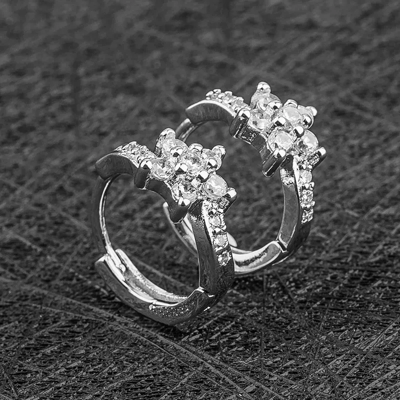 CZ Zircon Silver Flower Huggie Hoop Earrings