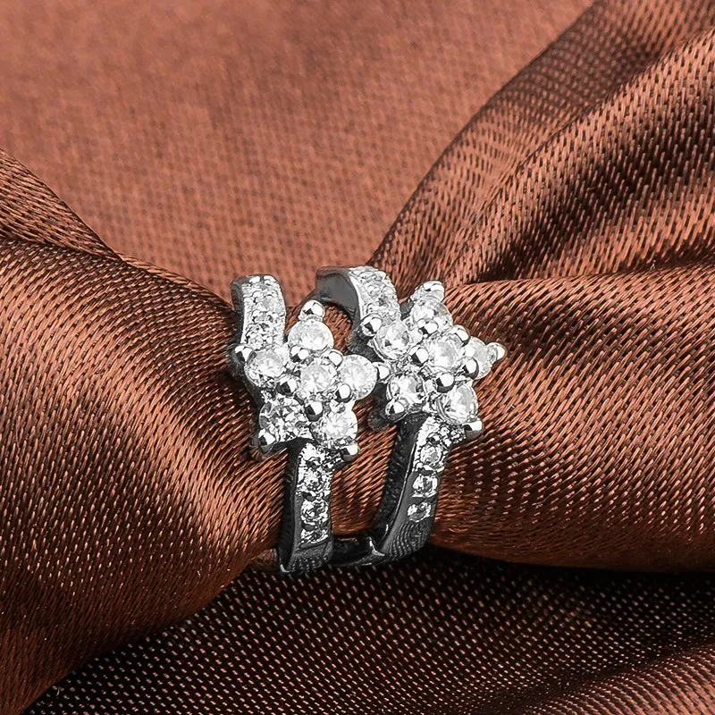 CZ Zircon Silver Flower Huggie Hoop Earrings