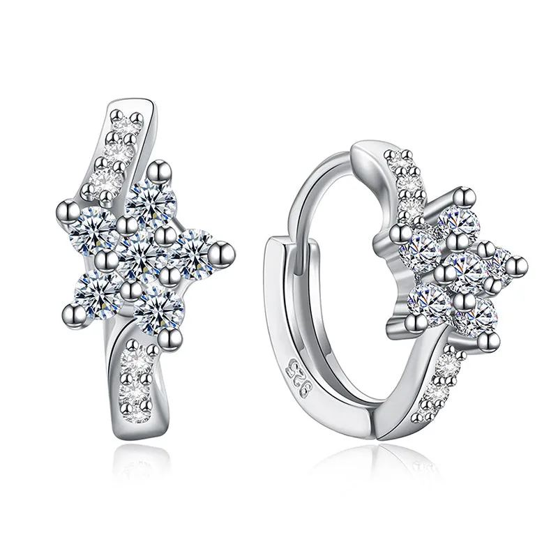 CZ Zircon Silver Flower Huggie Hoop Earrings