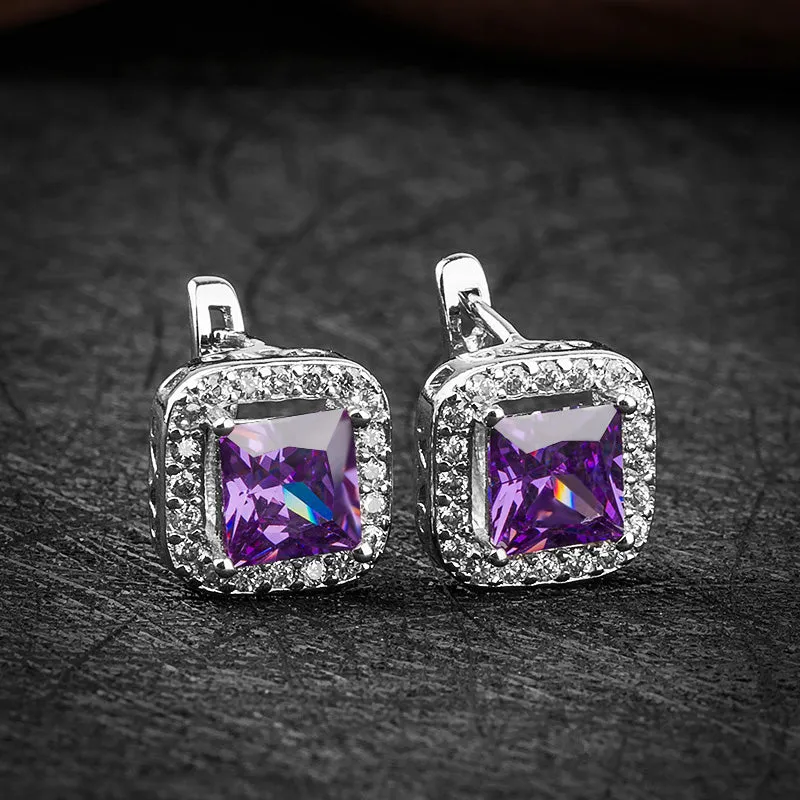 CZ Zircon Silver Square Shaped Huggie Hoop Earrings