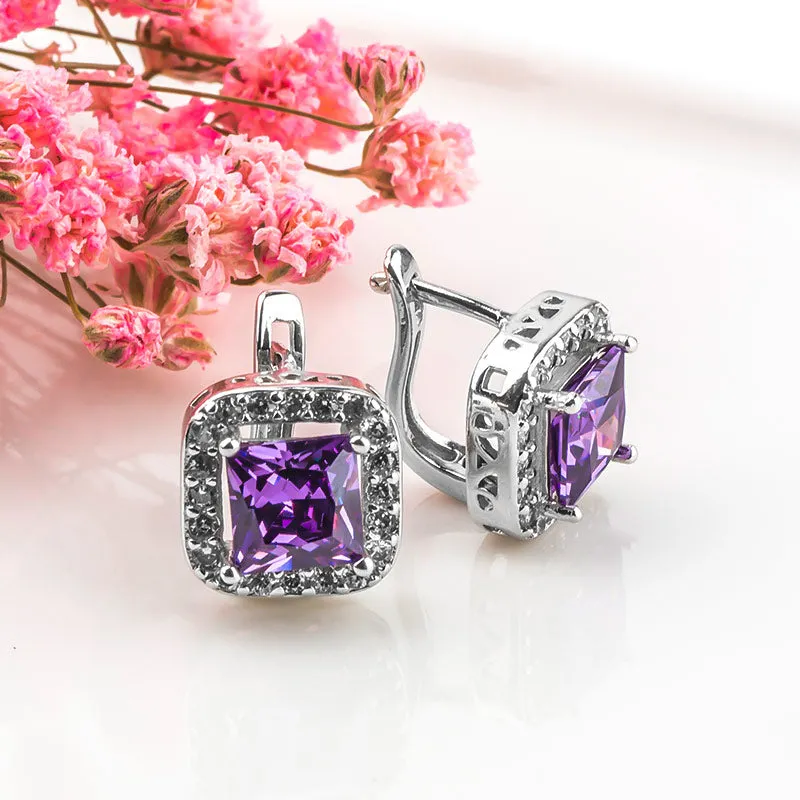 CZ Zircon Silver Square Shaped Huggie Hoop Earrings