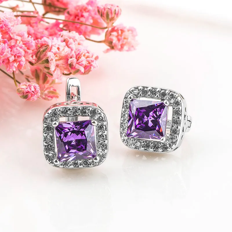 CZ Zircon Silver Square Shaped Huggie Hoop Earrings