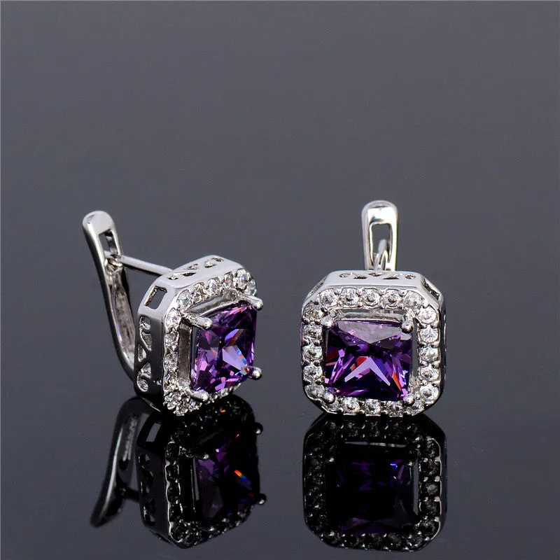 CZ Zircon Silver Square Shaped Huggie Hoop Earrings