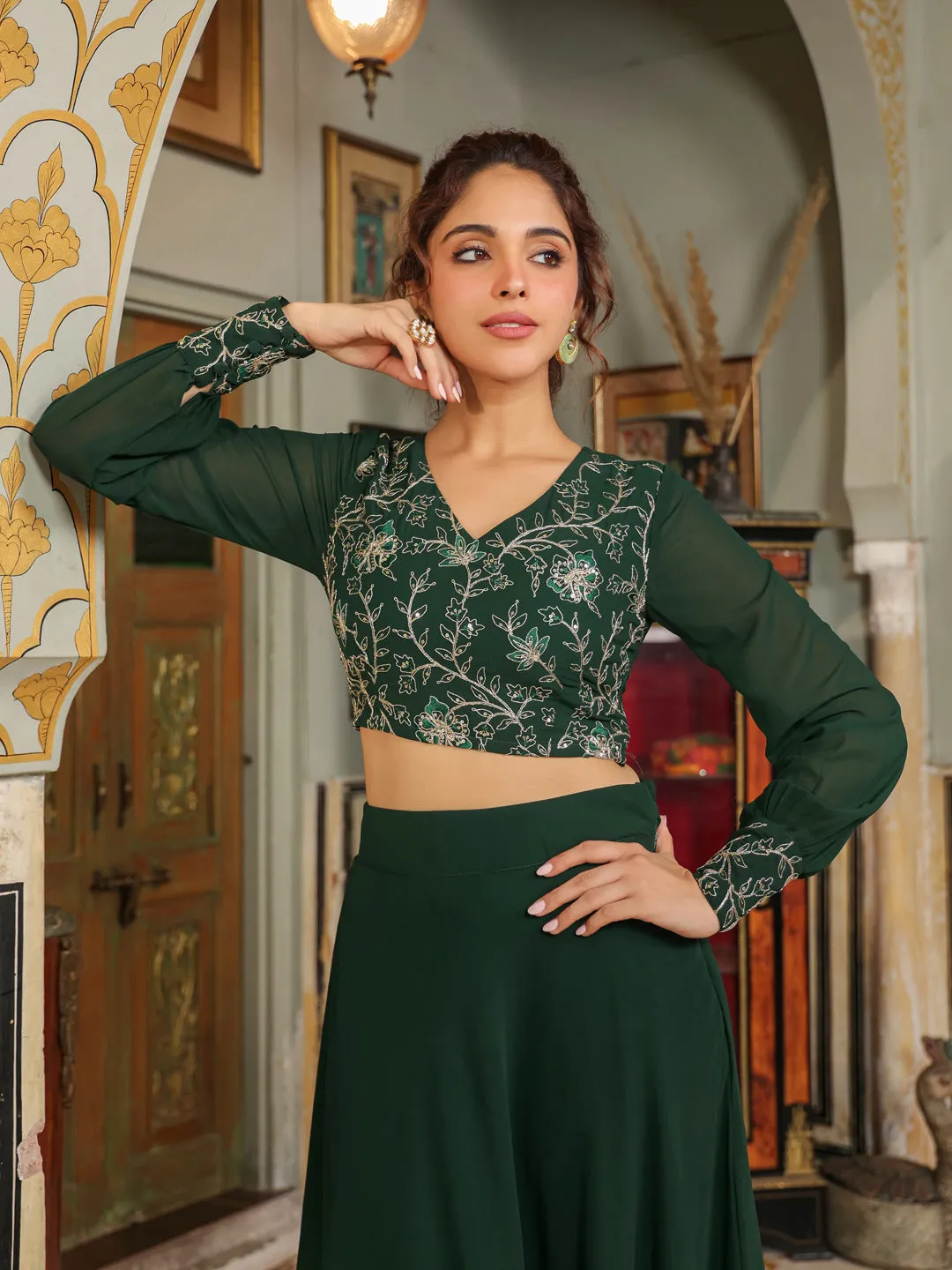 Dark Green Georgette Embroidered Top With Skirt Set