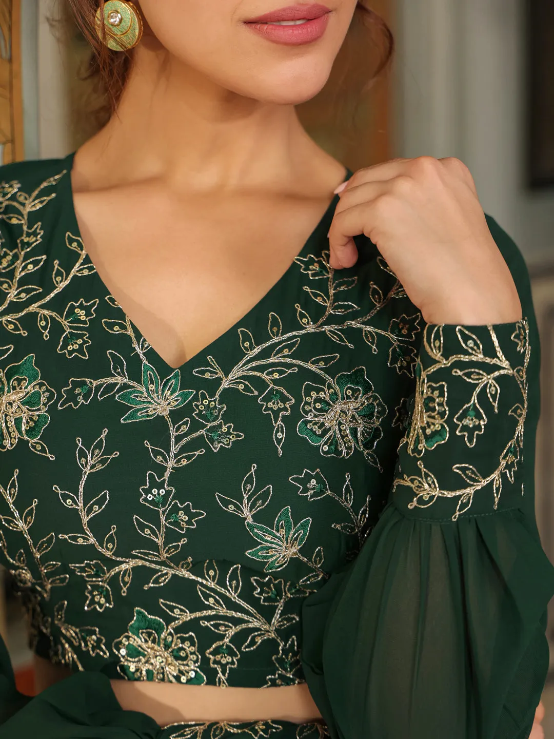 Dark Green Georgette Embroidered Top With Skirt Set