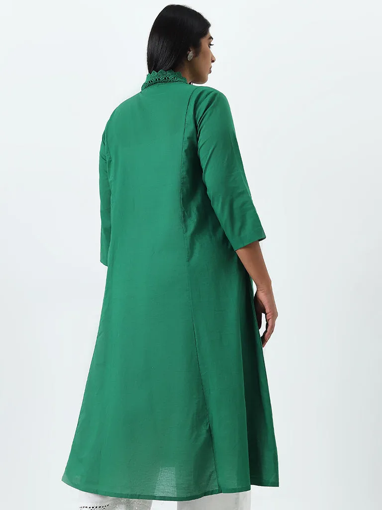 Diza Green Schiffli Design A-Line Cotton Kurta