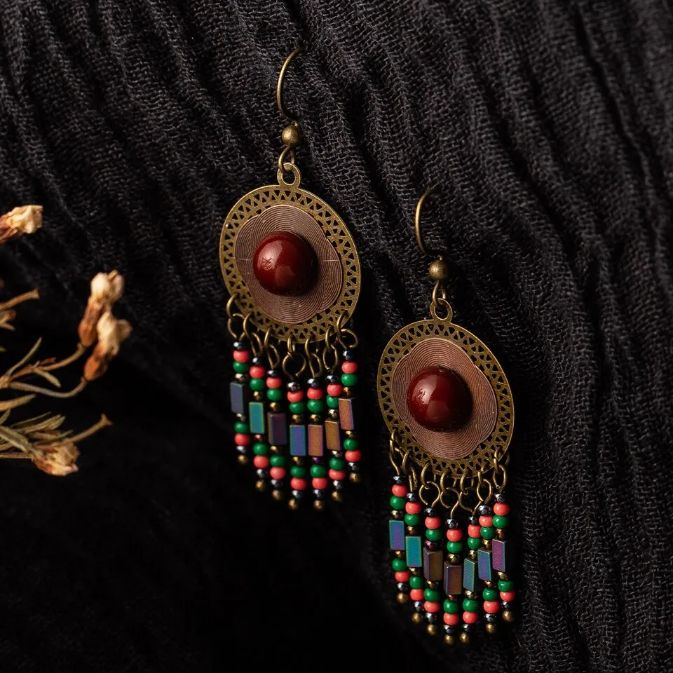 ethnic ant. bronze red stone beads drop earring