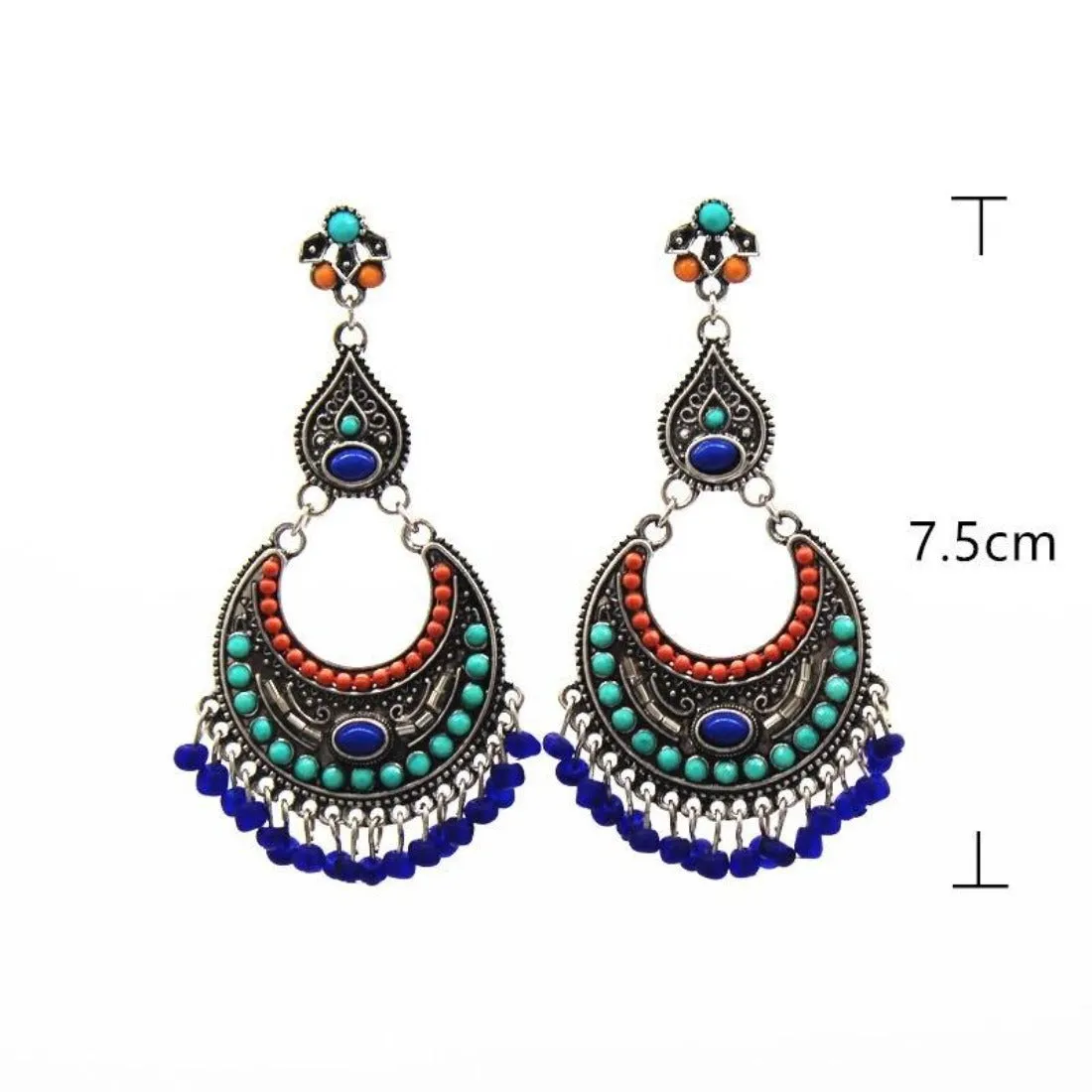 Ethnic Blue Beads Tassel Drop Earring