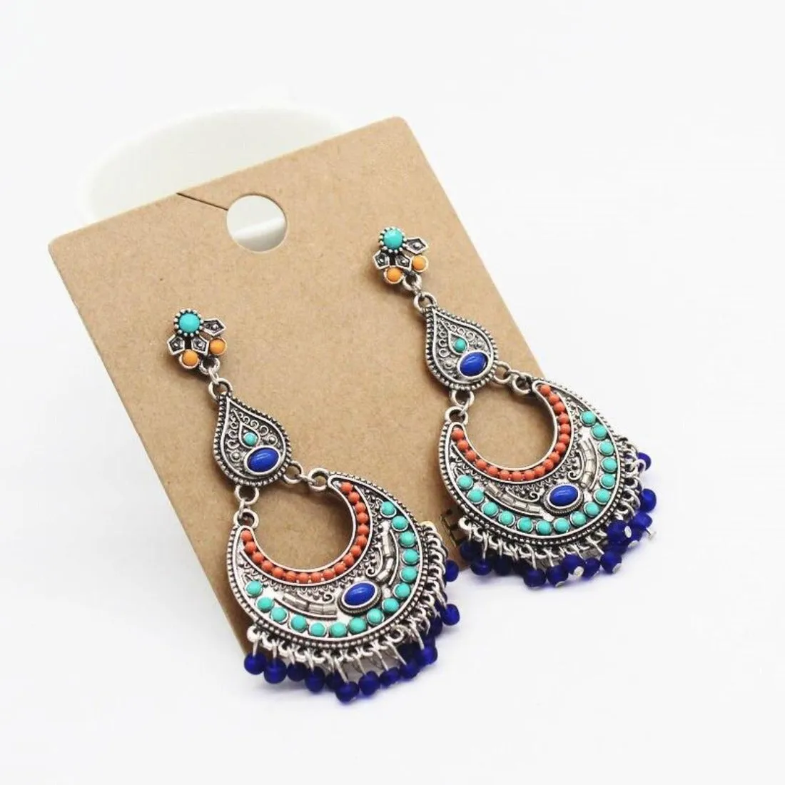 Ethnic Blue Beads Tassel Drop Earring