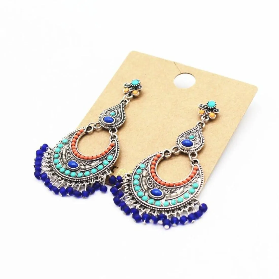 Ethnic Blue Beads Tassel Drop Earring