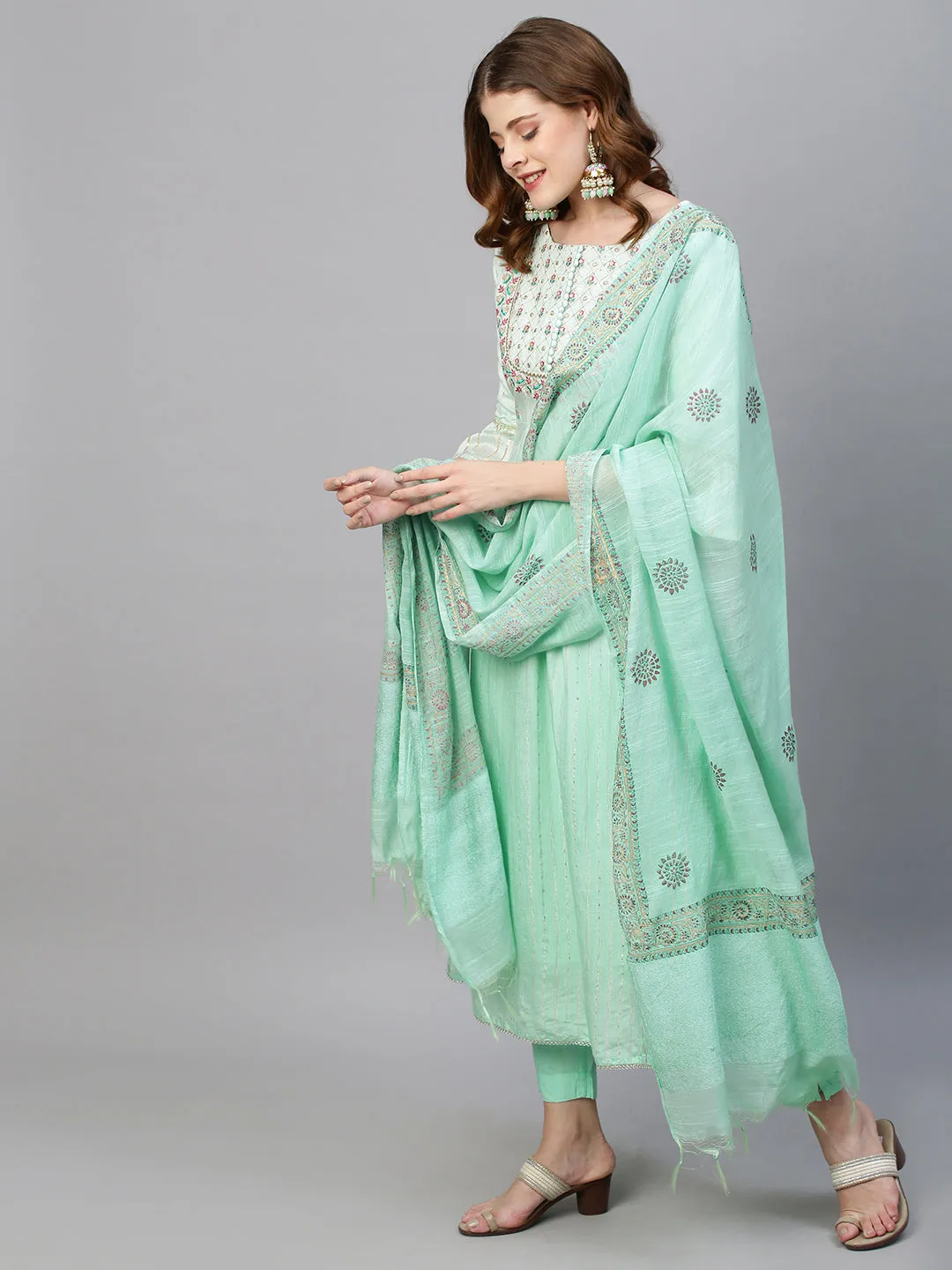 Ethnic Embroidered A-Line Flared Kurta with Pants and Dupatta - Mint Green