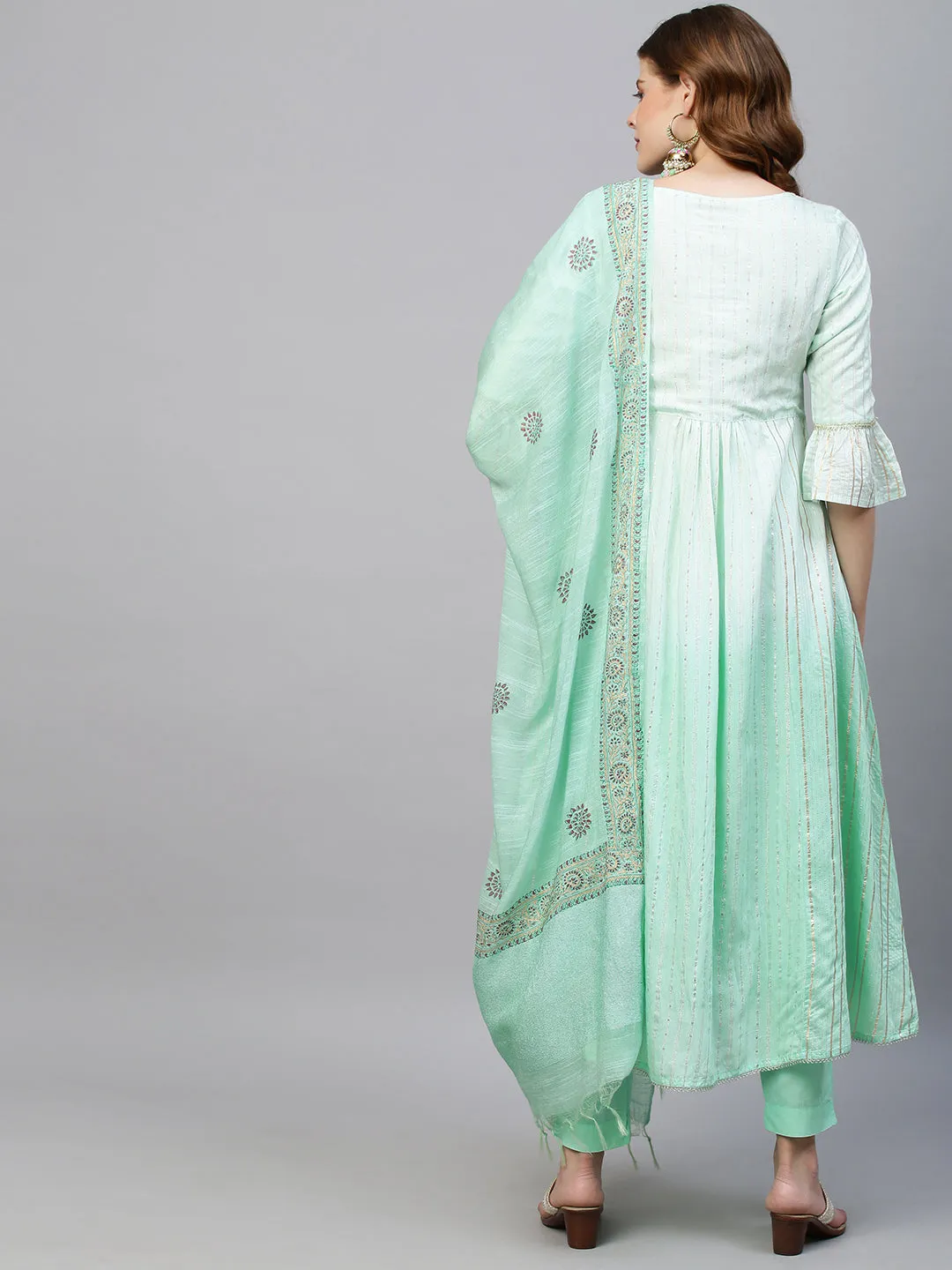 Ethnic Embroidered A-Line Flared Kurta with Pants and Dupatta - Mint Green