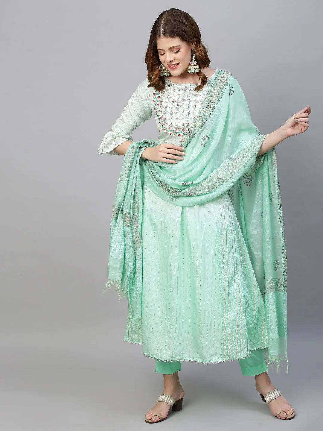 Ethnic Embroidered A-Line Flared Kurta with Pants and Dupatta - Mint Green