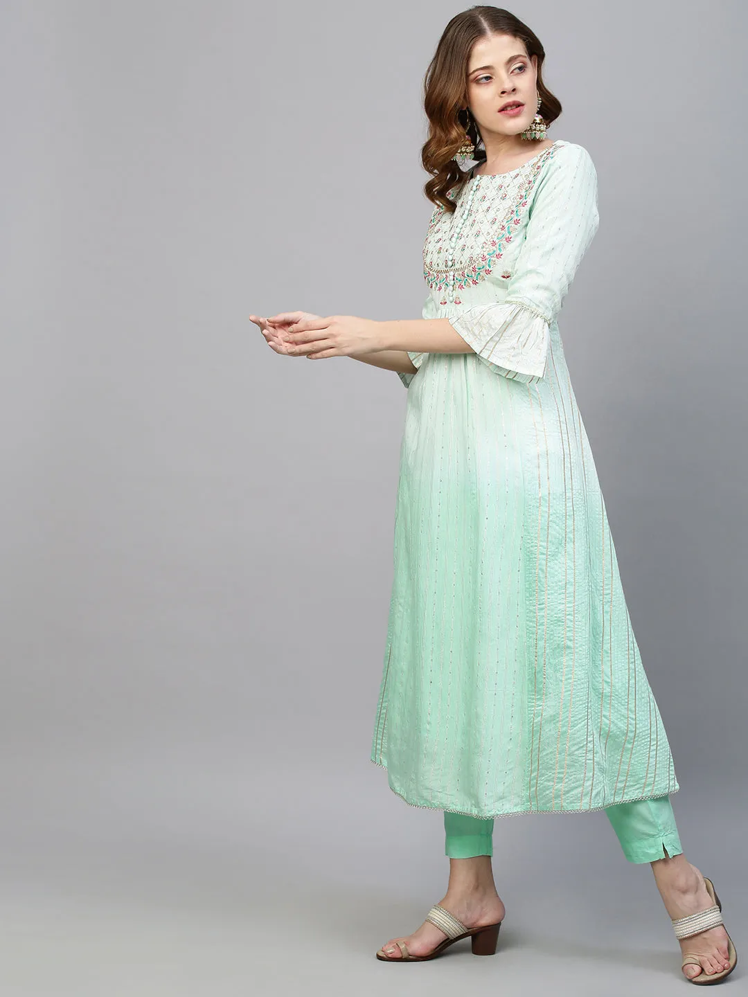 Ethnic Embroidered A-Line Flared Kurta with Pants and Dupatta - Mint Green