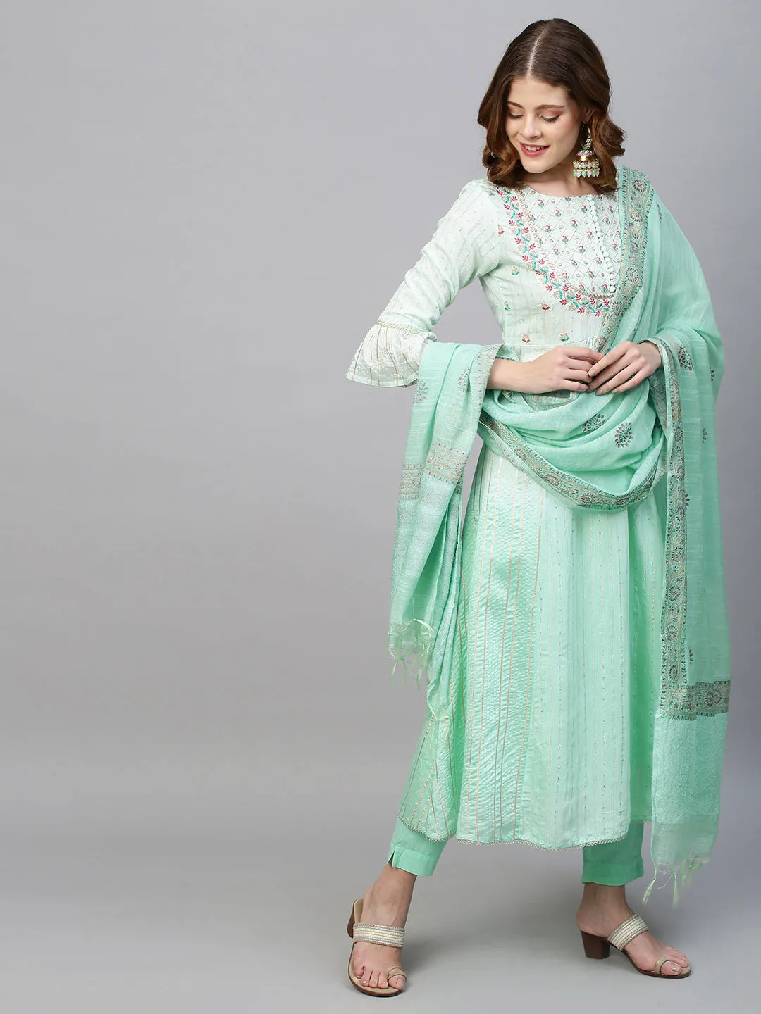 Ethnic Embroidered A-Line Flared Kurta with Pants and Dupatta - Mint Green