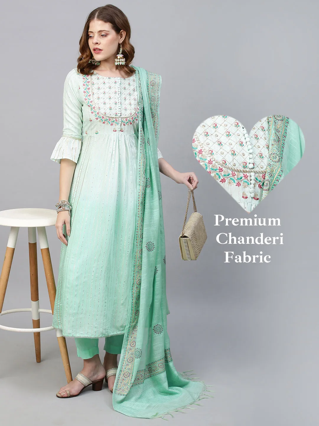 Ethnic Embroidered A-Line Flared Kurta with Pants and Dupatta - Mint Green