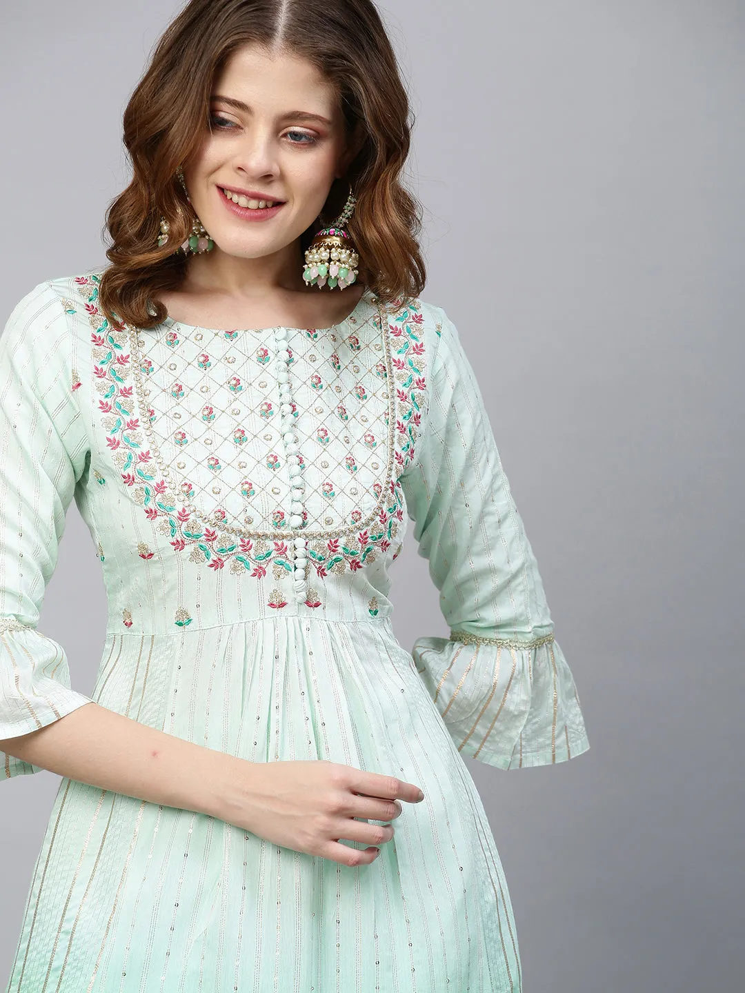 Ethnic Embroidered A-Line Flared Kurta with Pants and Dupatta - Mint Green