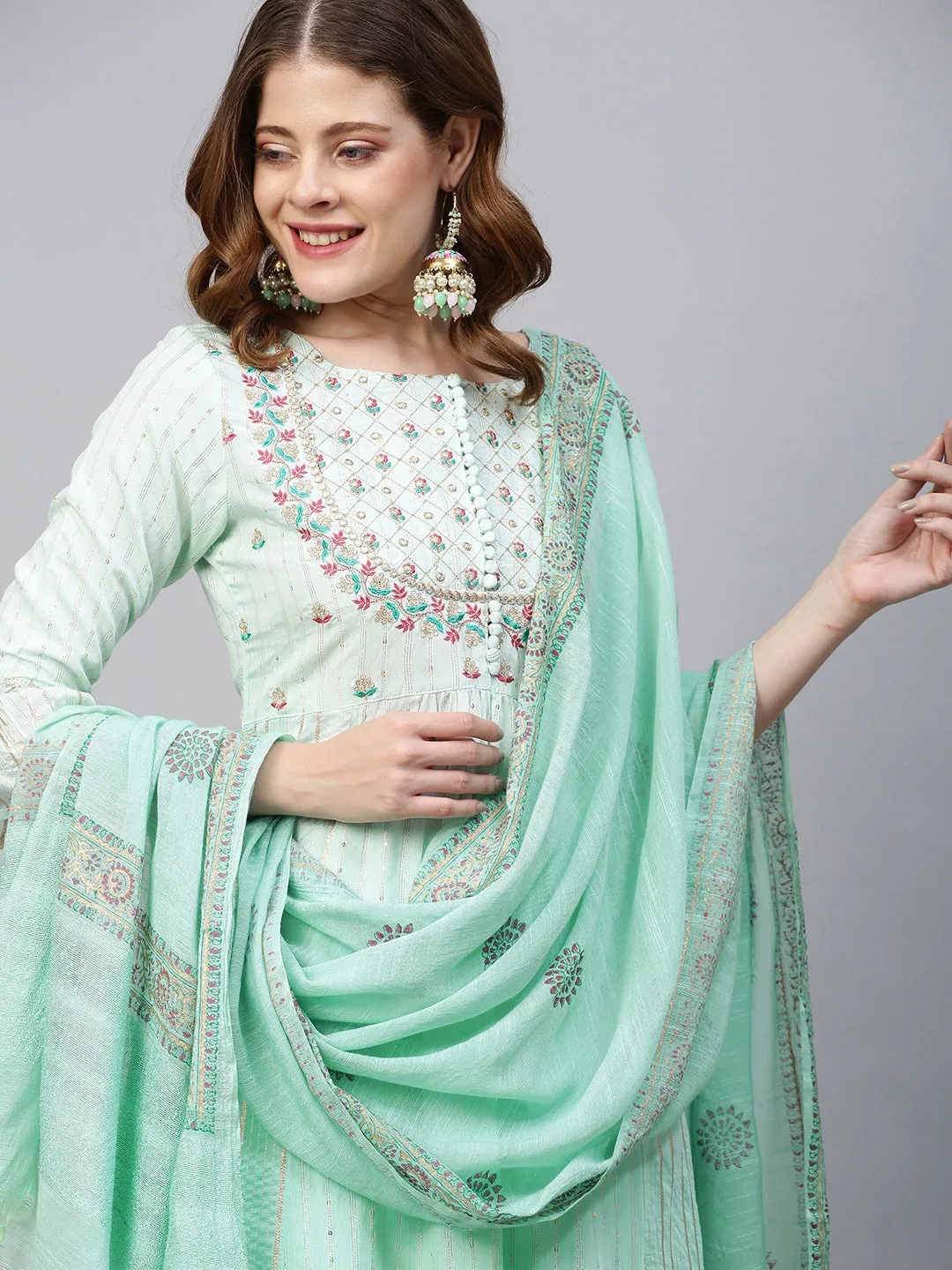 Ethnic Embroidered A-Line Flared Kurta with Pants and Dupatta - Mint Green