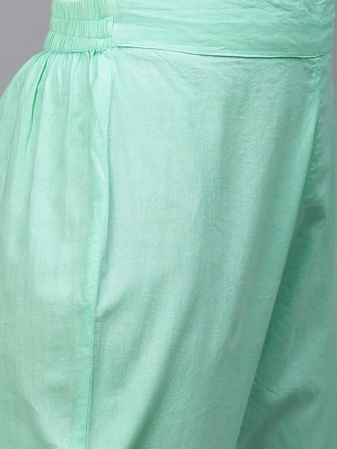 Ethnic Embroidered A-Line Flared Kurta with Pants and Dupatta - Mint Green