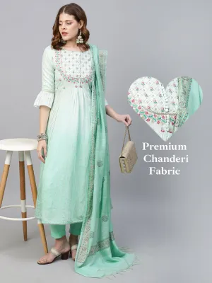 Ethnic Embroidered A-Line Flared Kurta with Pants and Dupatta - Mint Green