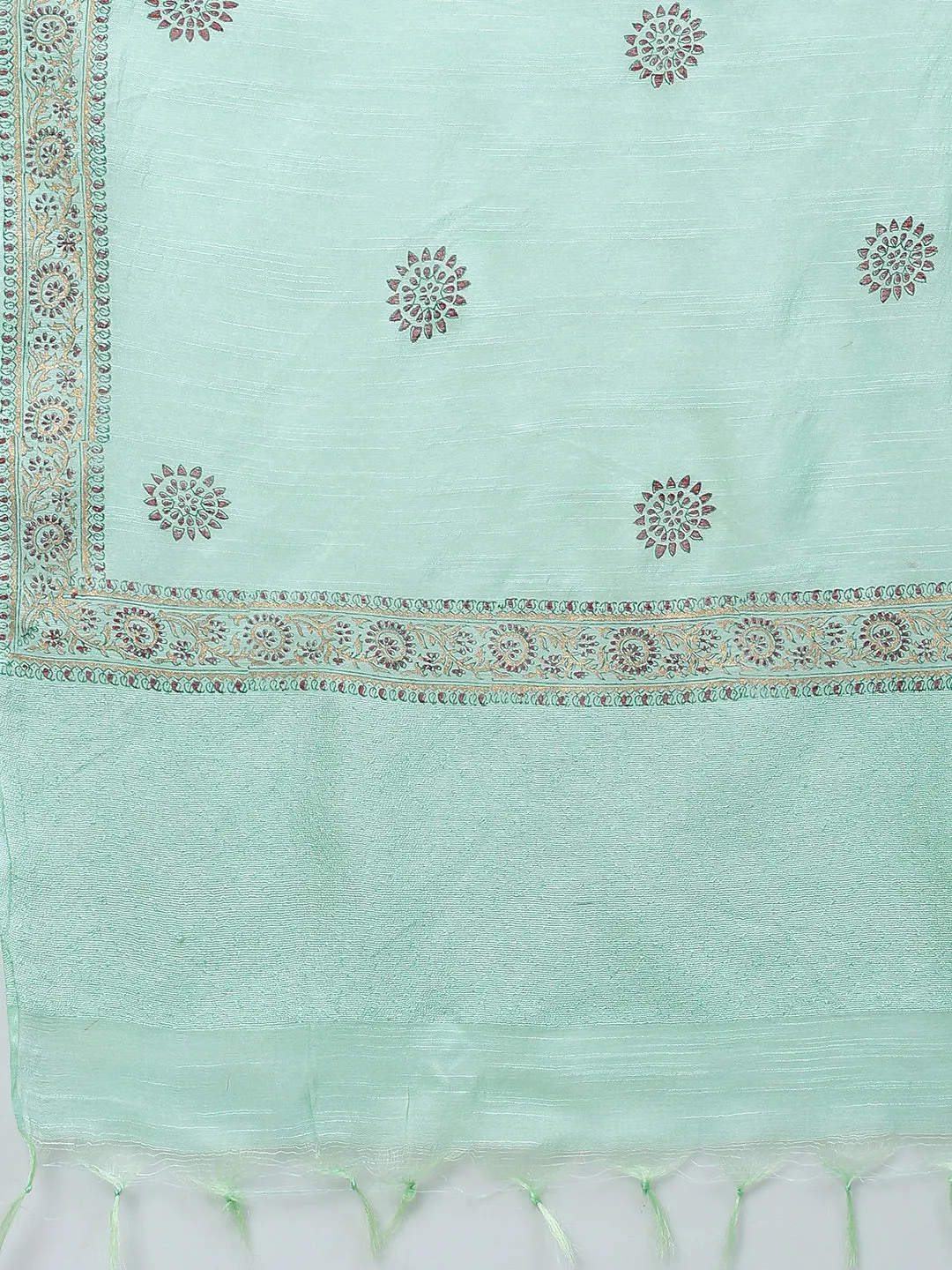 Ethnic Embroidered A-Line Flared Kurta with Pants and Dupatta - Mint Green