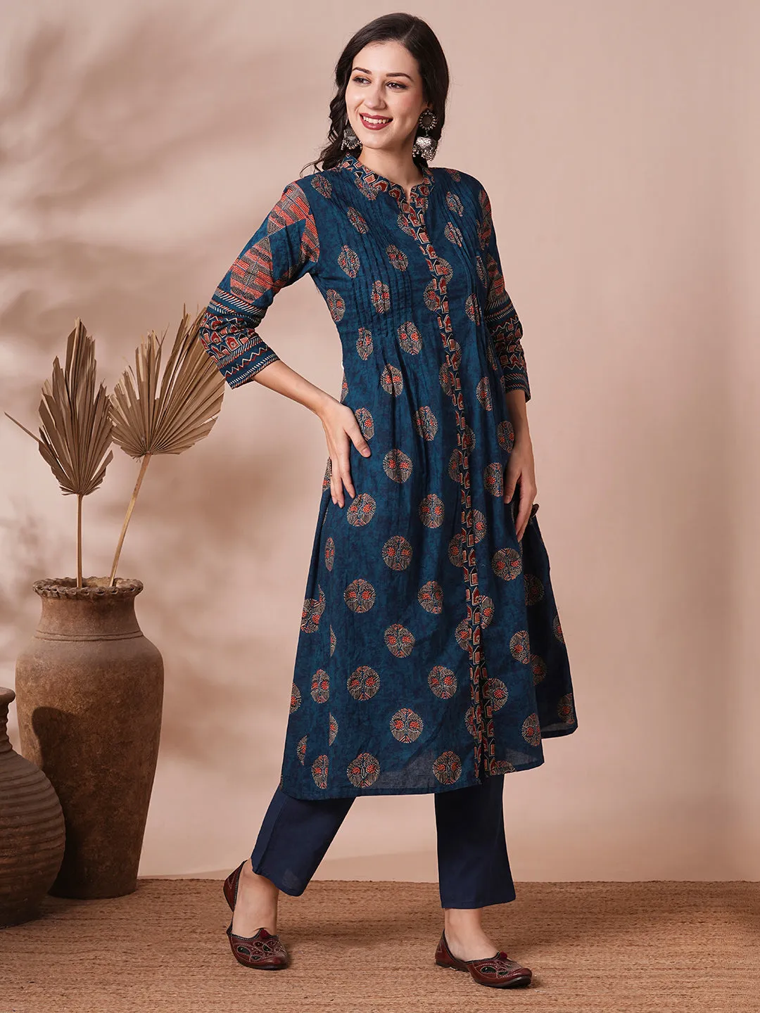 Ethnic Floral Printed A-Line Pleated Kurta with Pant - Blue