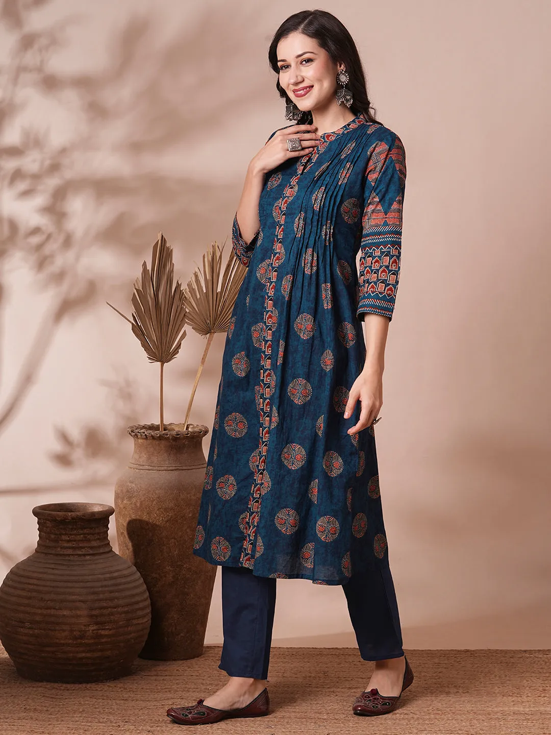 Ethnic Floral Printed A-Line Pleated Kurta with Pant - Blue