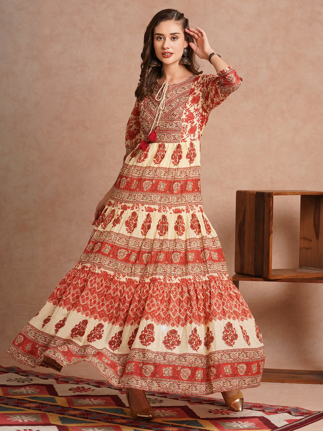 Ethnic Floral Printed & Embroidered A-Line Tiered Flared maxi Dress - Rust