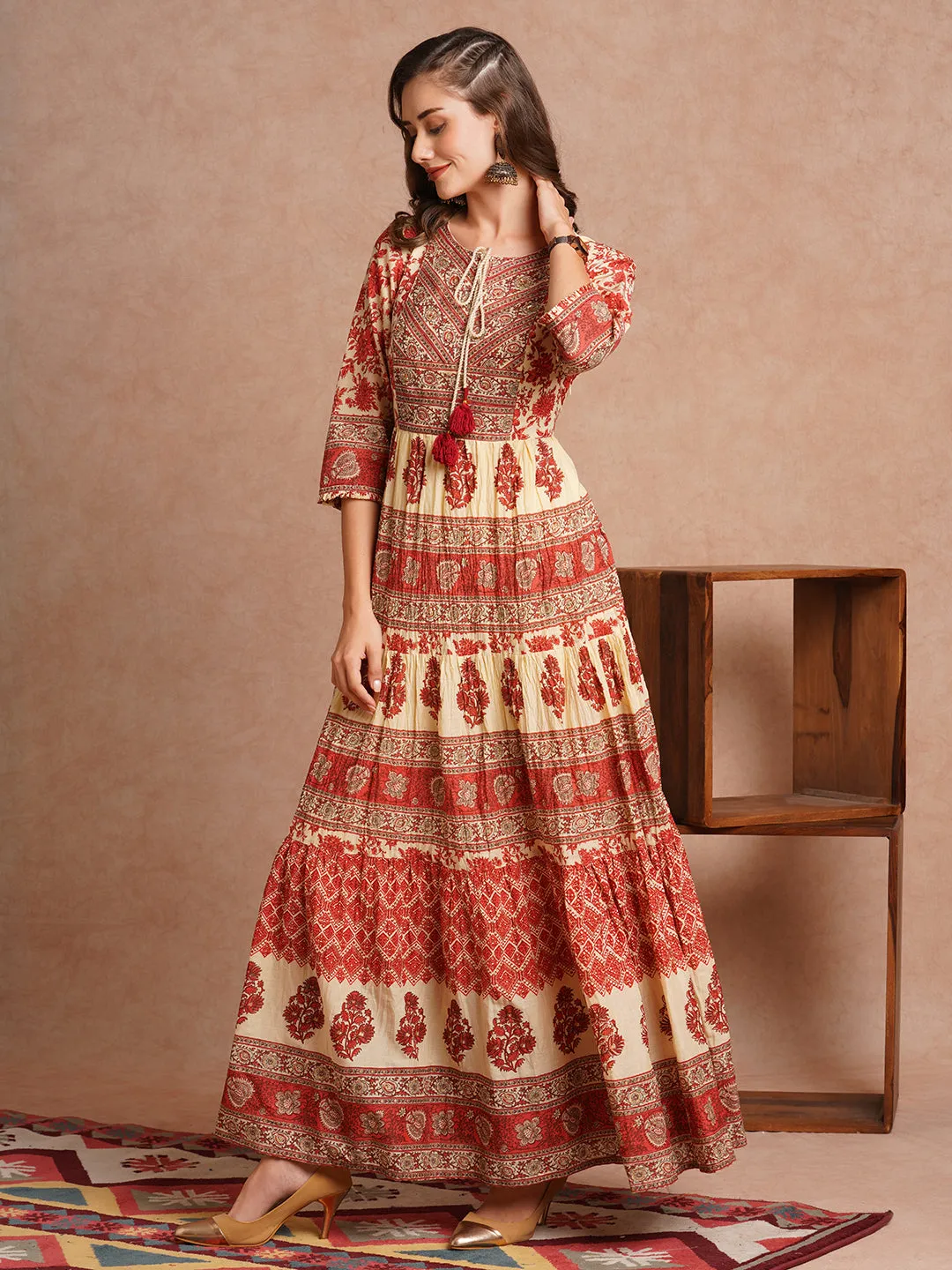 Ethnic Floral Printed & Embroidered A-Line Tiered Flared maxi Dress - Rust