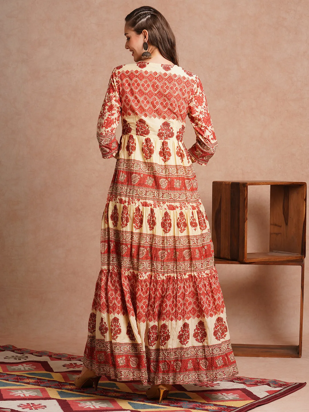 Ethnic Floral Printed & Embroidered A-Line Tiered Flared maxi Dress - Rust