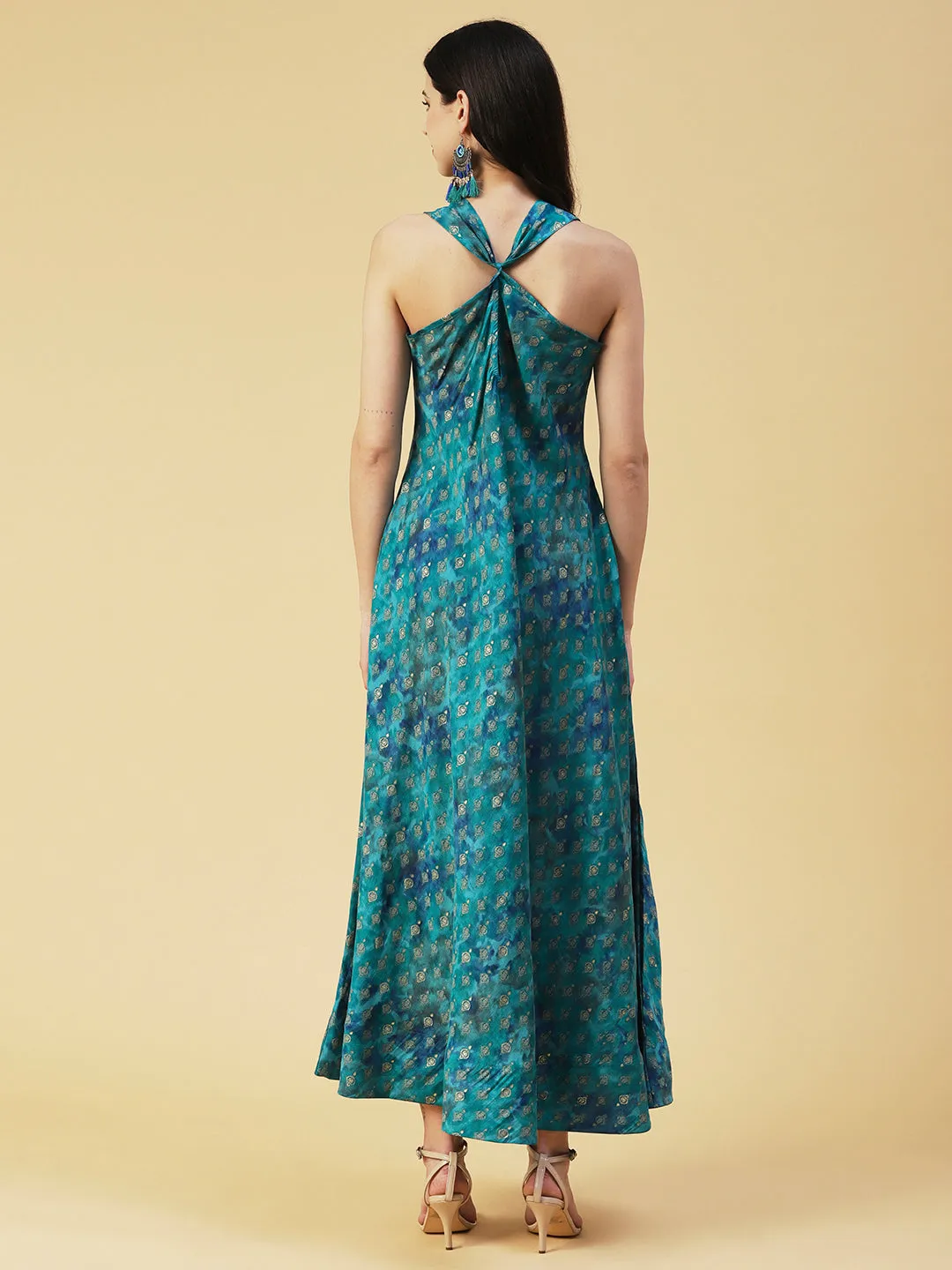 Ethnic Foil Printed A-line Flared Maxi Dress - Turquoise Blue