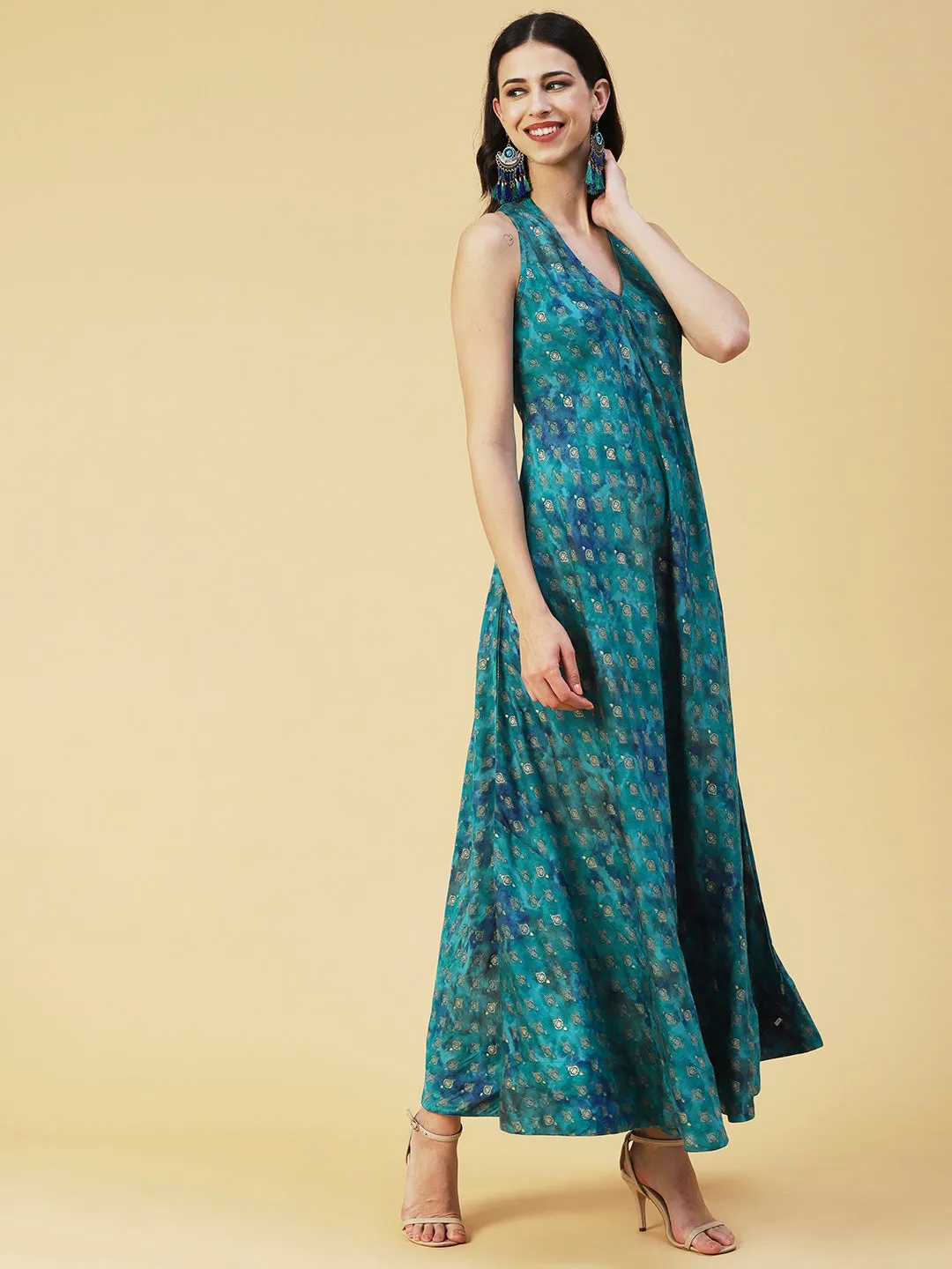 Ethnic Foil Printed A-line Flared Maxi Dress - Turquoise Blue