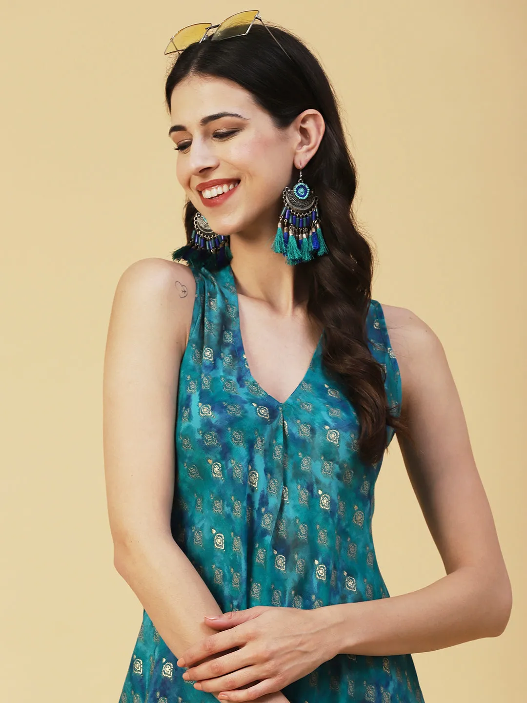 Ethnic Foil Printed A-line Flared Maxi Dress - Turquoise Blue