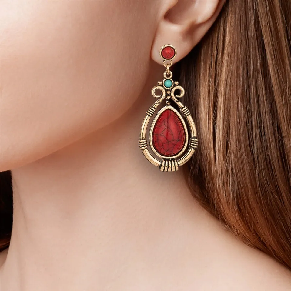 Ethnic Hanging Water Drip Stone Dangle Drop Earring- 2 colors