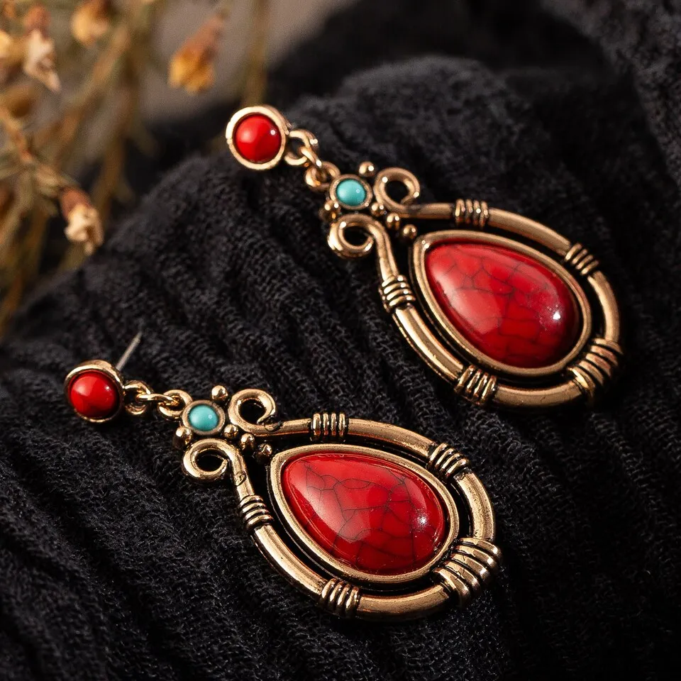 Ethnic Hanging Water Drip Stone Dangle Drop Earring- 2 colors