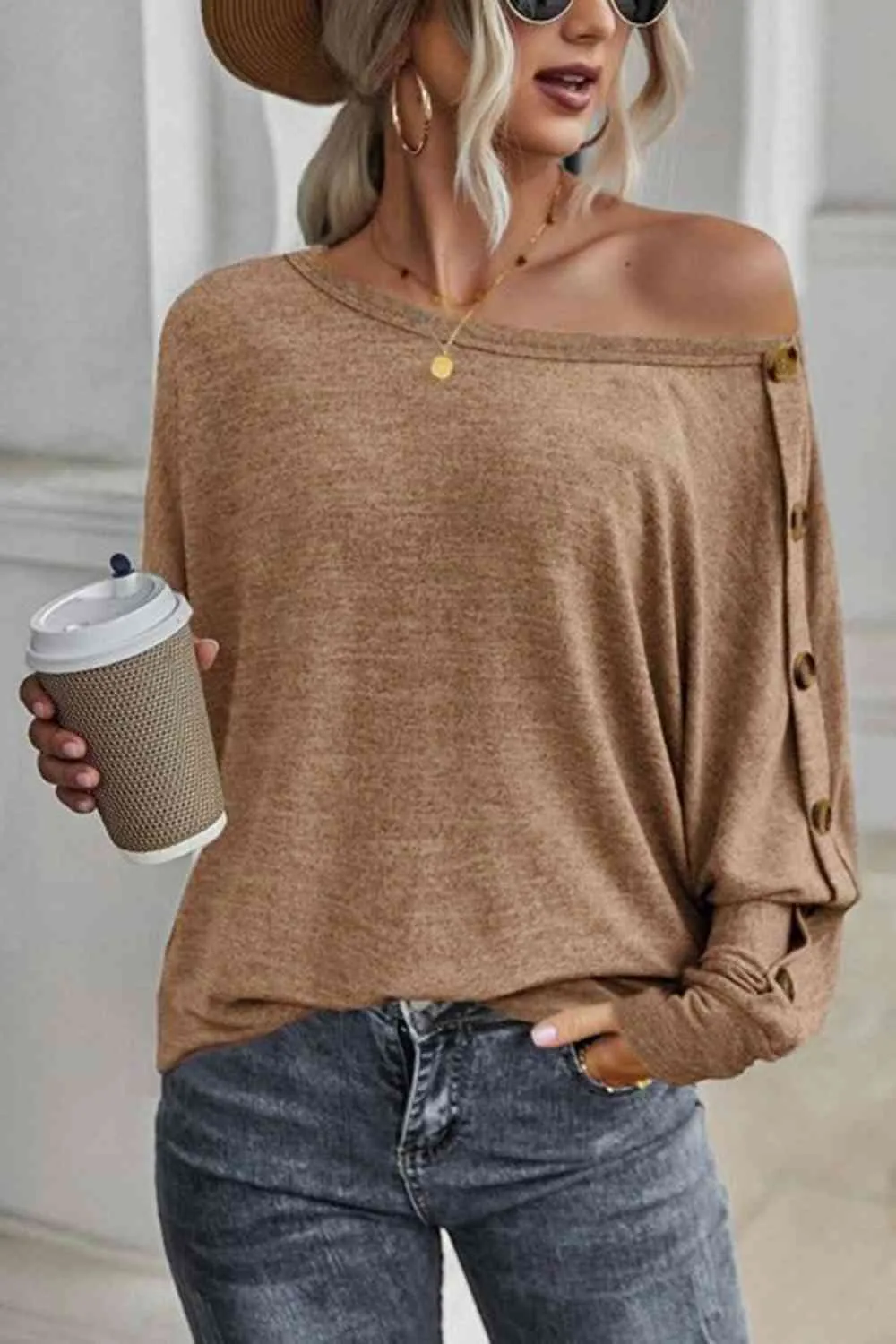 Explore More Collection - Boat Neck Buttoned Long Sleeve T-Shirt