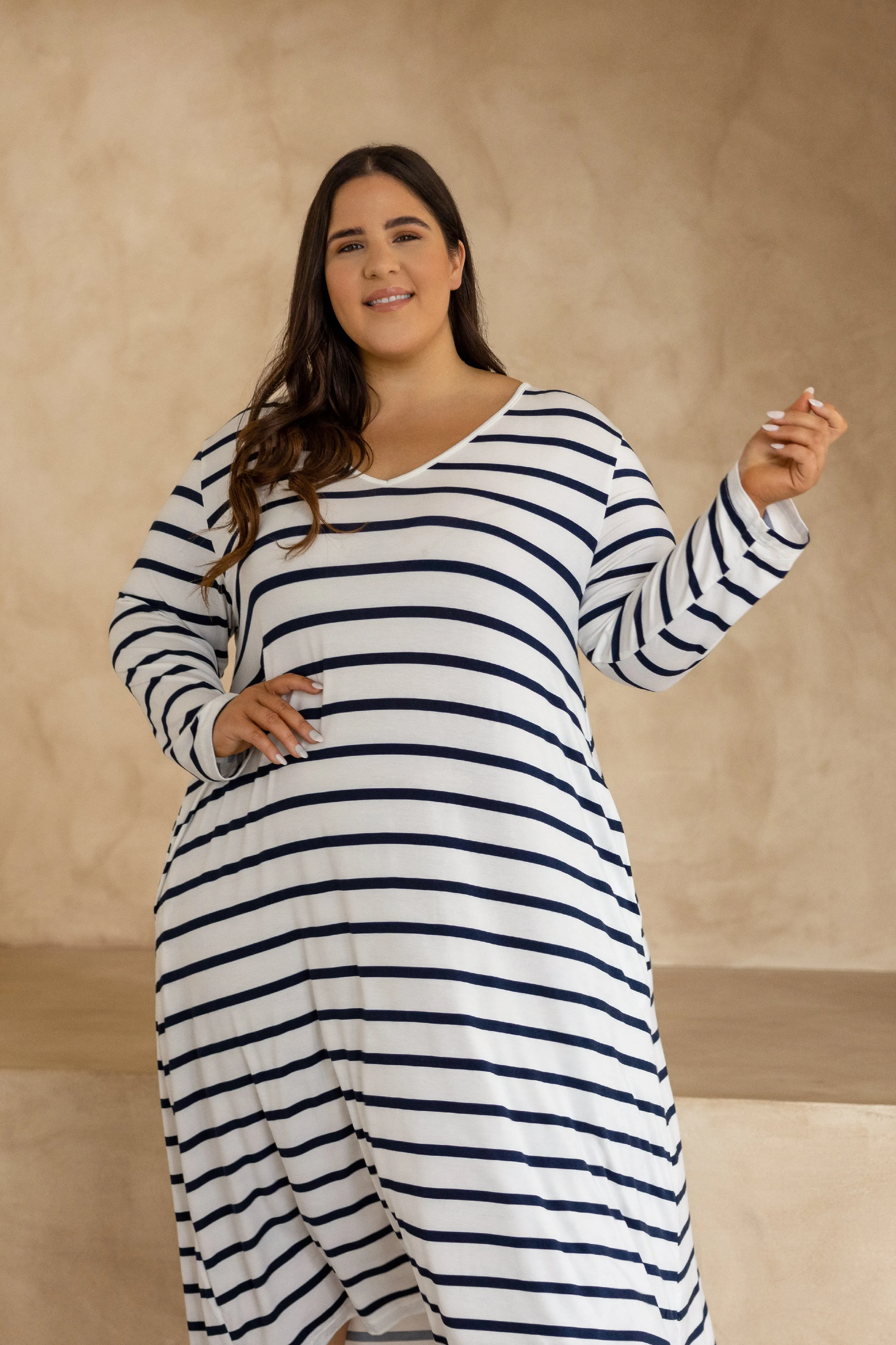 FINAL SALE Long Sleeve T-Shirt Dress in Navy Stripe